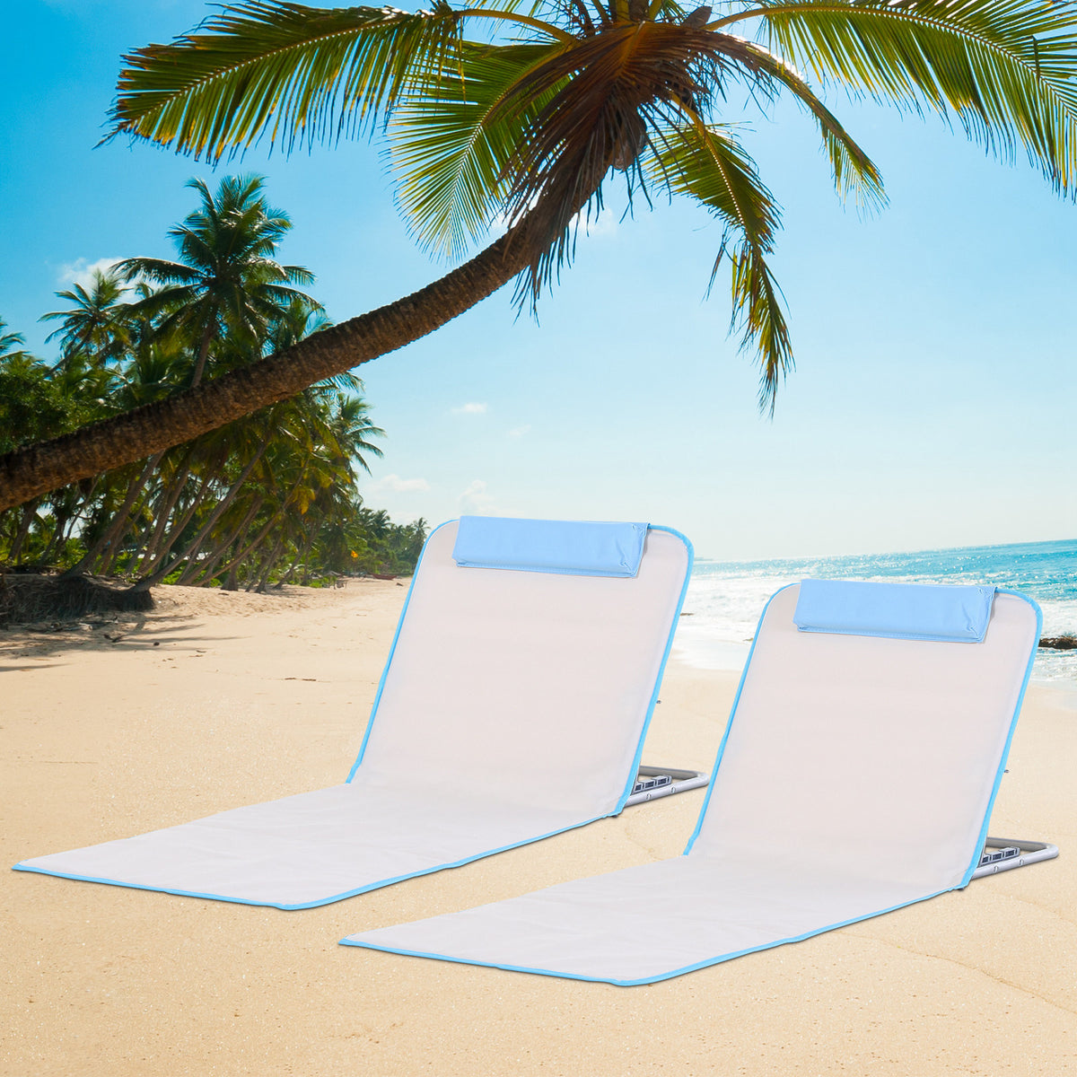 Conjunto de 2 Esteiras de Praia com Encosto Reclinável em 5 Níveis Bolsa de Transporte e Apoio de Cabeça 48x134x33-43 cm Branco Creme — foto 2