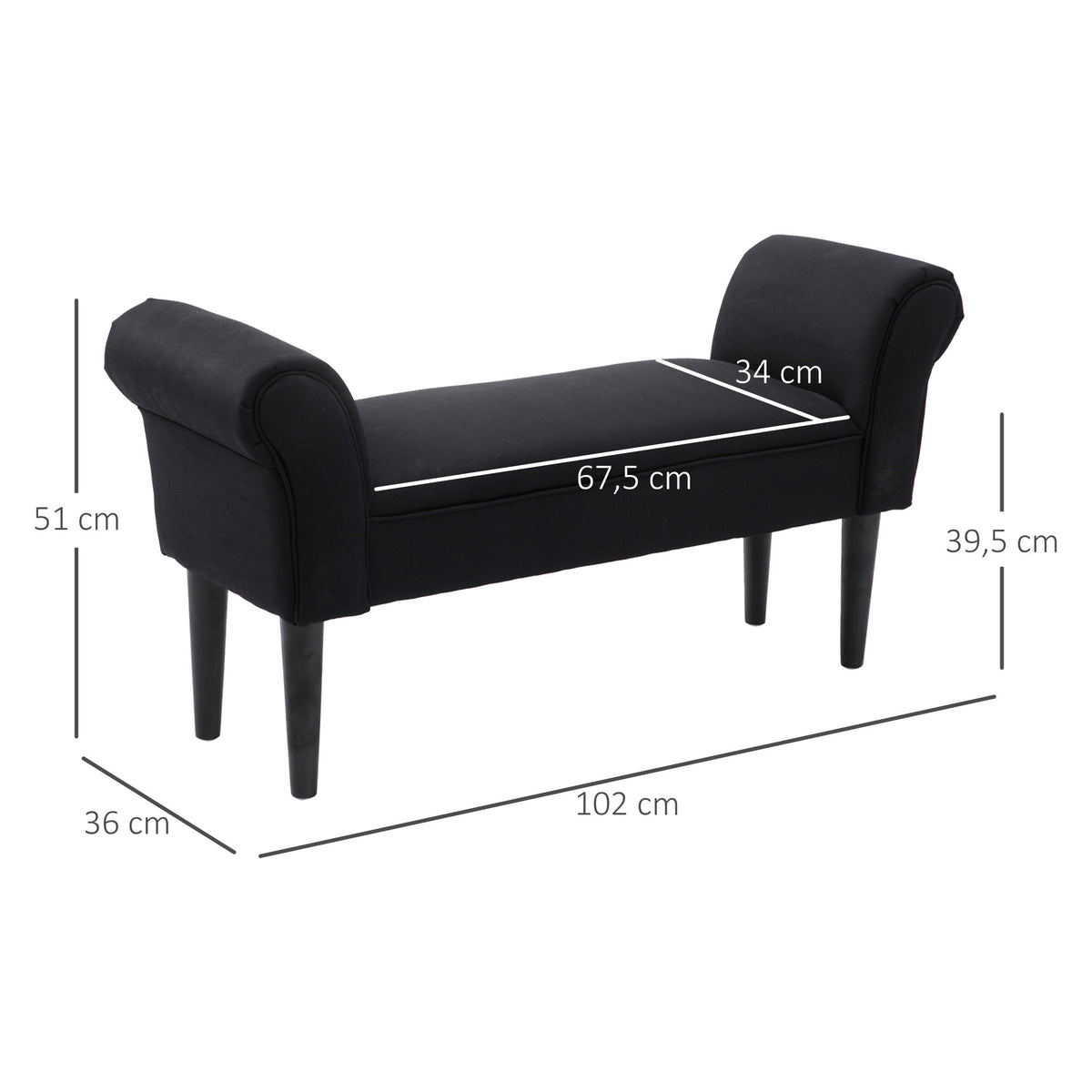 Banco de Pé de Cama Banco com Braços Curvados Estofado e Pés de Madeira para Dormitório Entrada Sala de Estar Carga Máxima 130kg 102x31x51cm Preto — foto 3