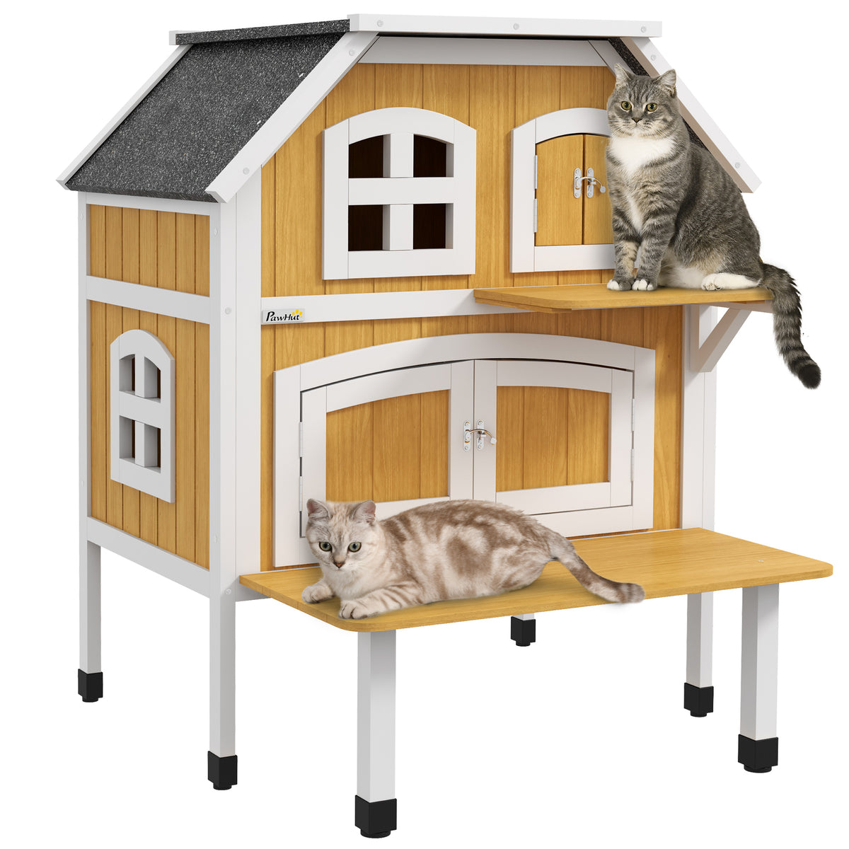 Casa para Gatos de Madeira 78x82x93 cm Casota para Gatos de 2 Níveis Abrigo para Gatos com Telhado Asfáltico Terraço e Plataforma de Salto Natural — foto 1