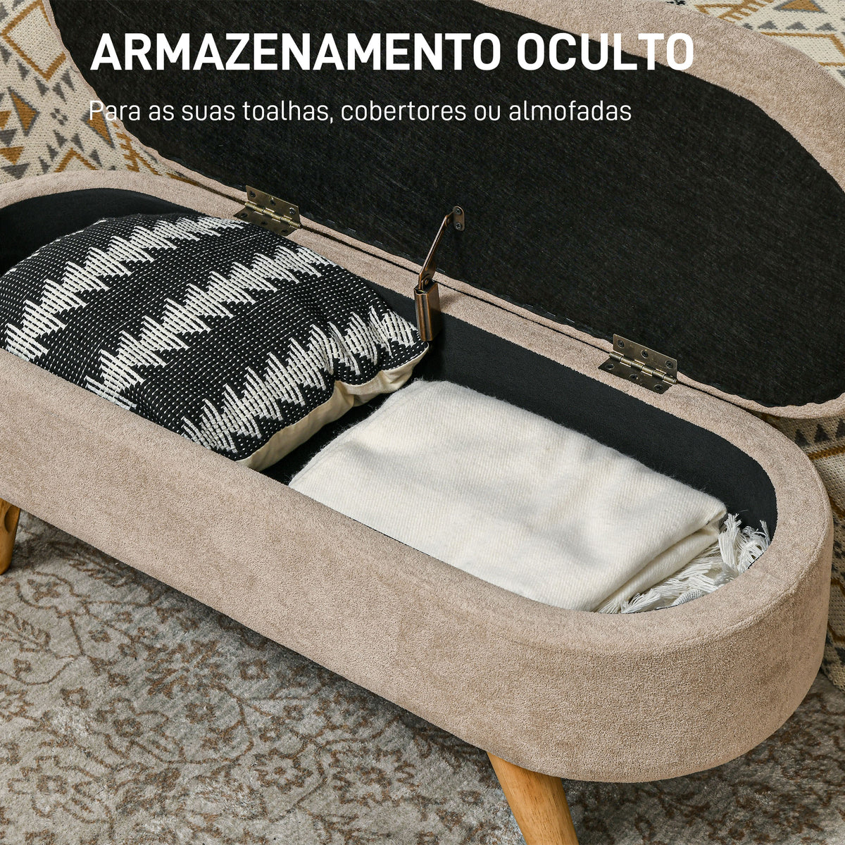 Banco para Pé de Cama Banco de Armazenamento com Pés de Madeira e Assento Acolchoado Carga 120 kg Puff de Armazenamento para Dormitório Entrada Corredor 110x40x43 cm Bege — foto 4