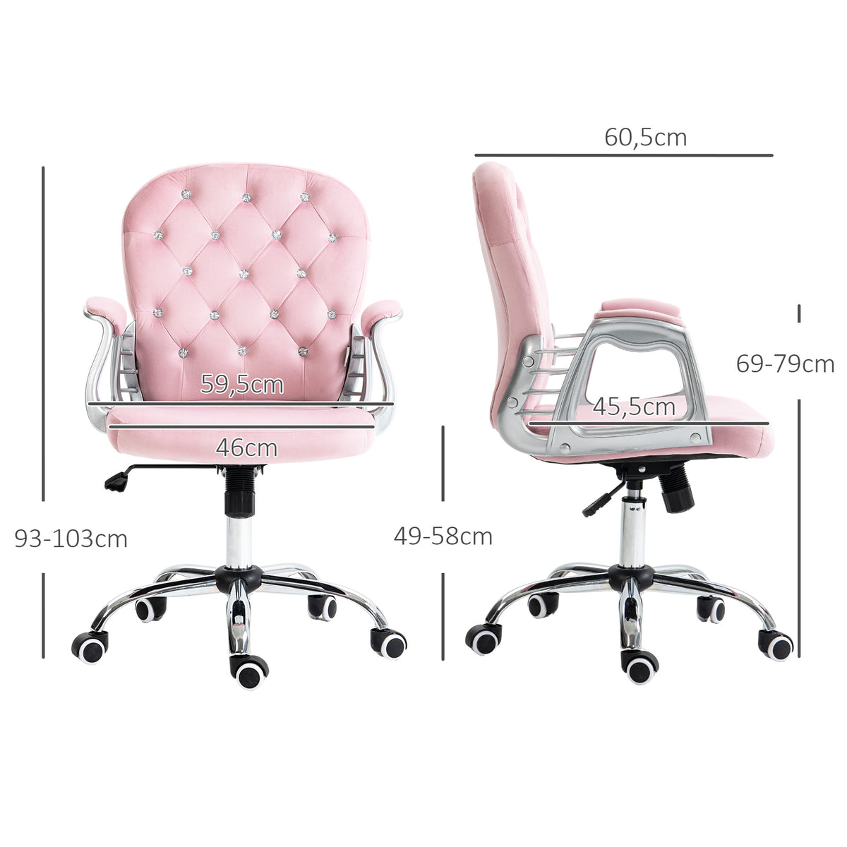 Cadeira de Escritório Estofada em Veludo Cadeira Giratória com Altura Ajustável Apoio para os Braços e Decorações de Cristal Carga 120 kg Cadeira para Estudio Dormitório Rosa — foto 3