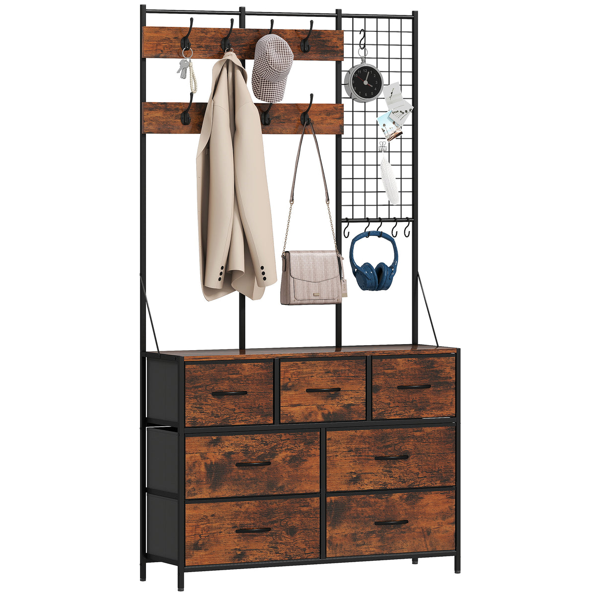 Suporte para Cabides Entrada Móvel de Arrumação com Sapateira 14 Ganchos 7 Gavetas de Tecido e Prateleira Estilo Industrial para Corredor Quarto Sala 100x30x183 cm Castanho Rústico — foto 1