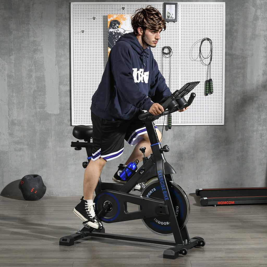 Bicicleta Estática com Resistência Ajustável Bicicleta Estática Fitness com Volante de Inércia 8 kg Ecrã LCD Guiador e Assento Ajustáveis para Casa Ginásio 103x53x110-114 cm Azul — foto 2