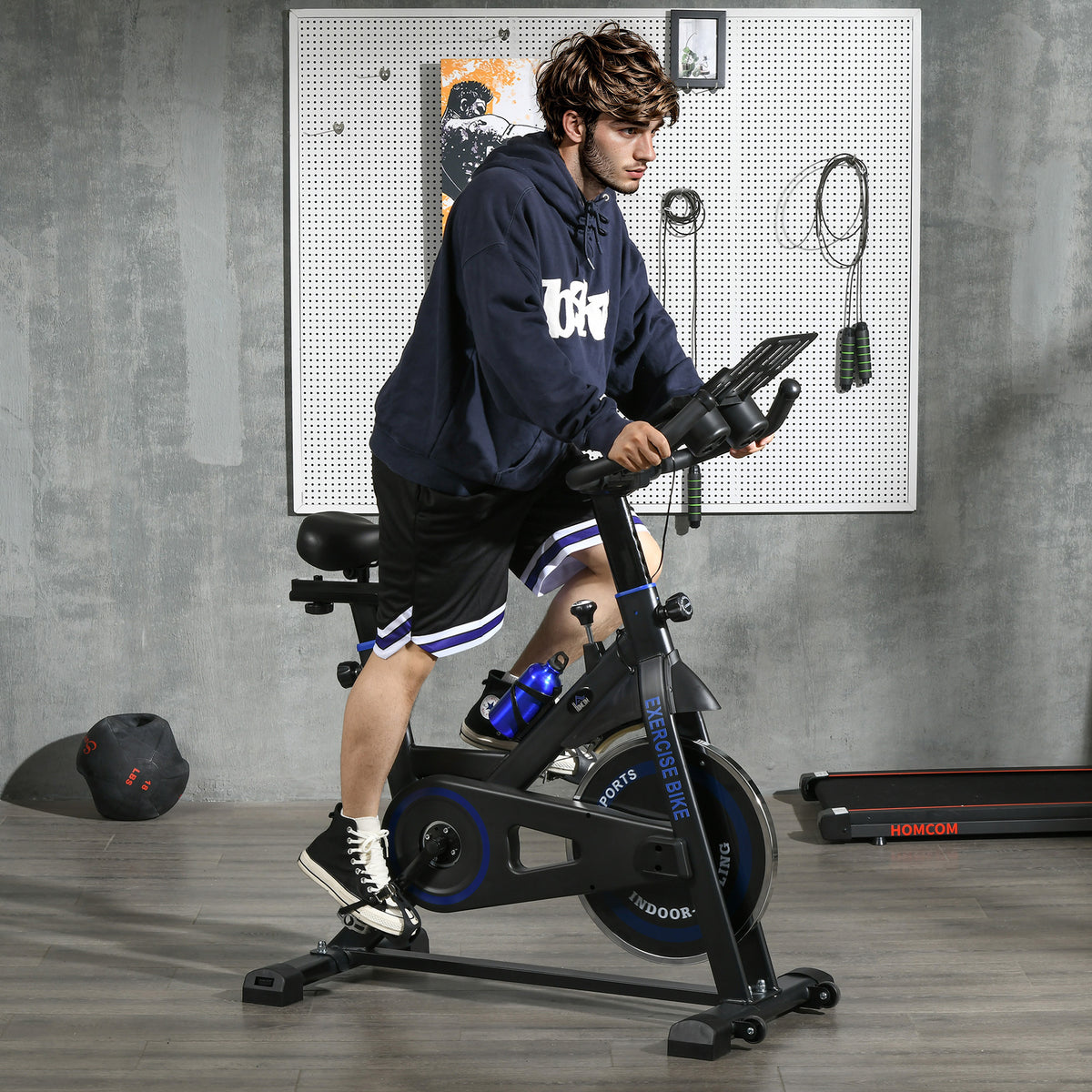 Bicicleta Estática com Resistência Ajustável Bicicleta Estática Fitness com Volante de Inércia 8 kg Ecrã LCD Guiador e Assento Ajustáveis para Casa Ginásio 103x53x110-114 cm Azul — foto 2