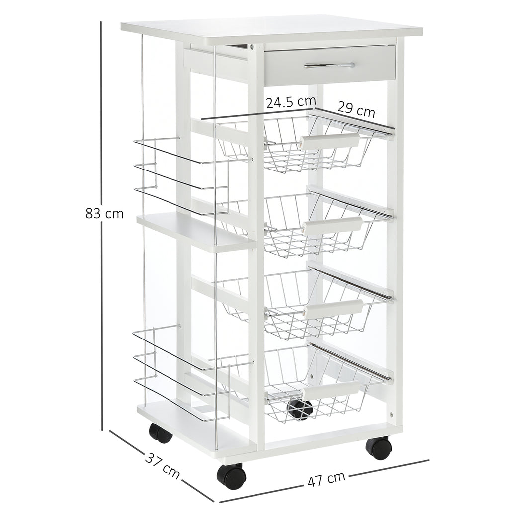 Carrinho de Cozinha com Rodas Carrinho Auxiliar com Gaveta 4 Cestas Amovíveis de Metal e Prateleiras Laterais 47x37x83 cm Branco — foto 3