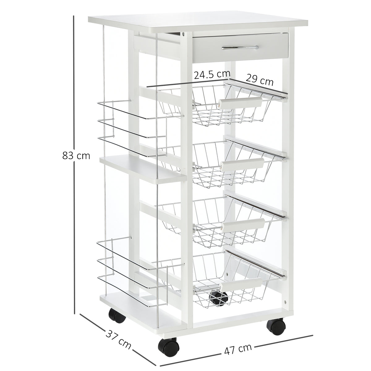 Carrinho de Cozinha com Rodas Carrinho Auxiliar com Gaveta 4 Cestas Amovíveis de Metal e Prateleiras Laterais 47x37x83 cm Branco — foto 3