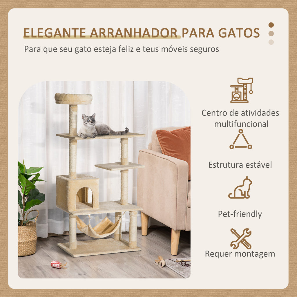 Arranhador de Árvore para Gatos com Plataformas Múltiplas Brinquedo Suspenso Caverna Espaçosa Rede Macia Postes de Coçar 70x40x152 cm Bege — foto 4