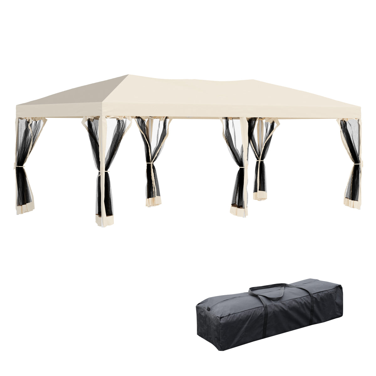 Tenda Dobrável para Jardim com 6 Cortinas Rede Mosquiteira e Bolsa de Transporte com Zíper Fácil Montagem 591x297x255 cm Aço Tecido Oxford Creme e Preto — foto 1