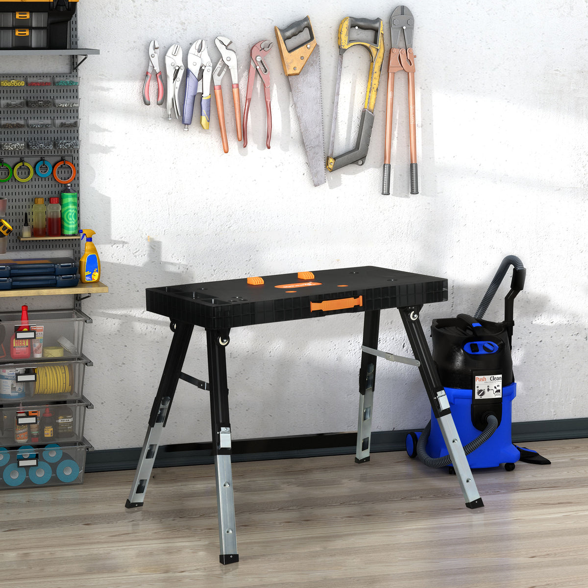 Bancada de Trabalho 5 em 1 Mesa de Trabalho com Altura Ajustável em 2 Níveis Pés Retráteis e 4 Rodas Carga Máxima 150kg para Oficina Garagem 105x74x80cm Preto — foto 2
