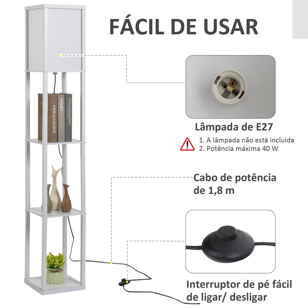 Candeeiro de Pé de Madeira com 3 Prateleiras De Armazenamento para Lâmpada E27 Potência Máx. 40W Candeeiro Moderno para Sala de Estar Dormitório 26x26x160cm Branco — foto 5
