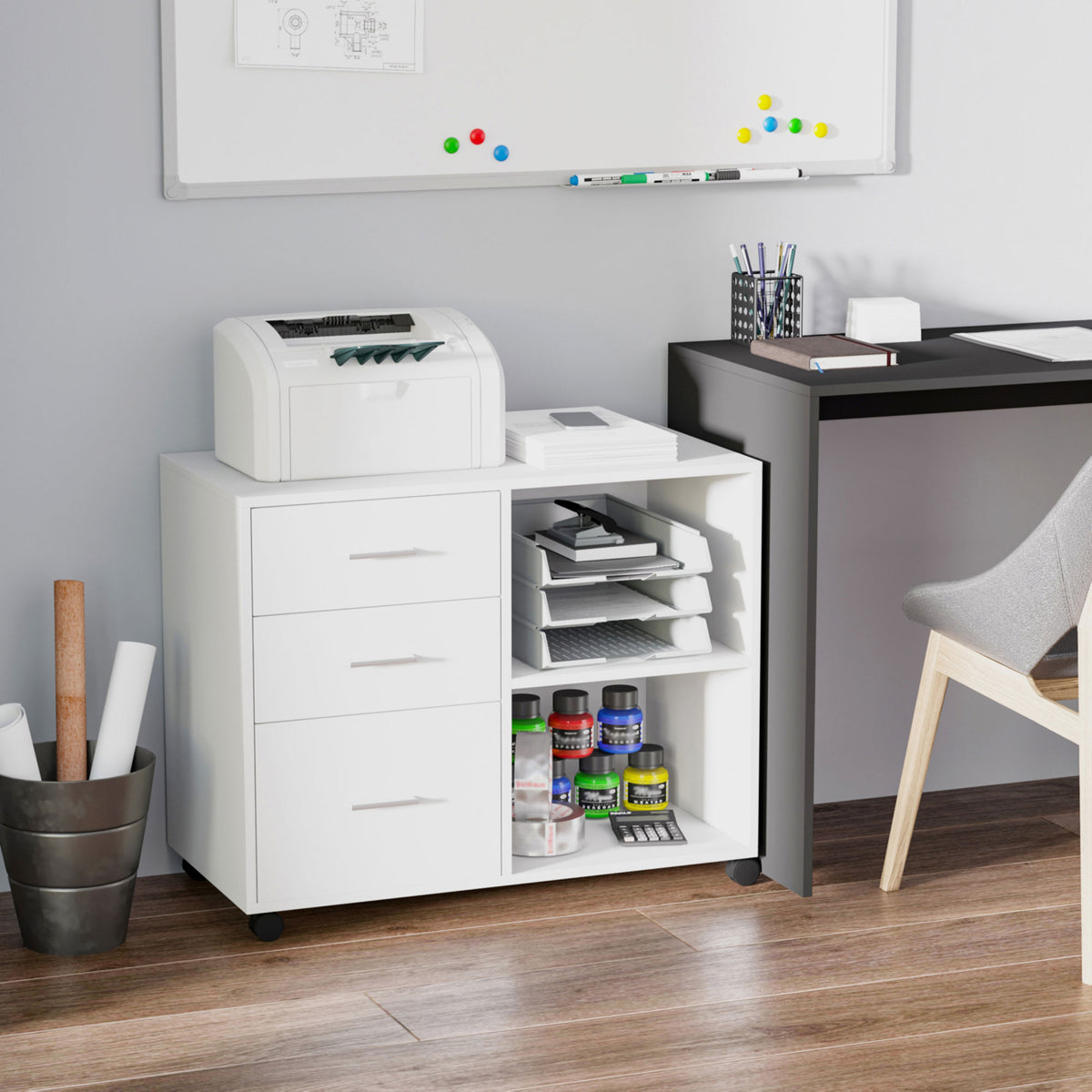 Armário de Escritório para Impressora Multifuncional com 3 Gavetas Prateleira Ajustável e Rodas 80x40x65cm Branco — foto 2