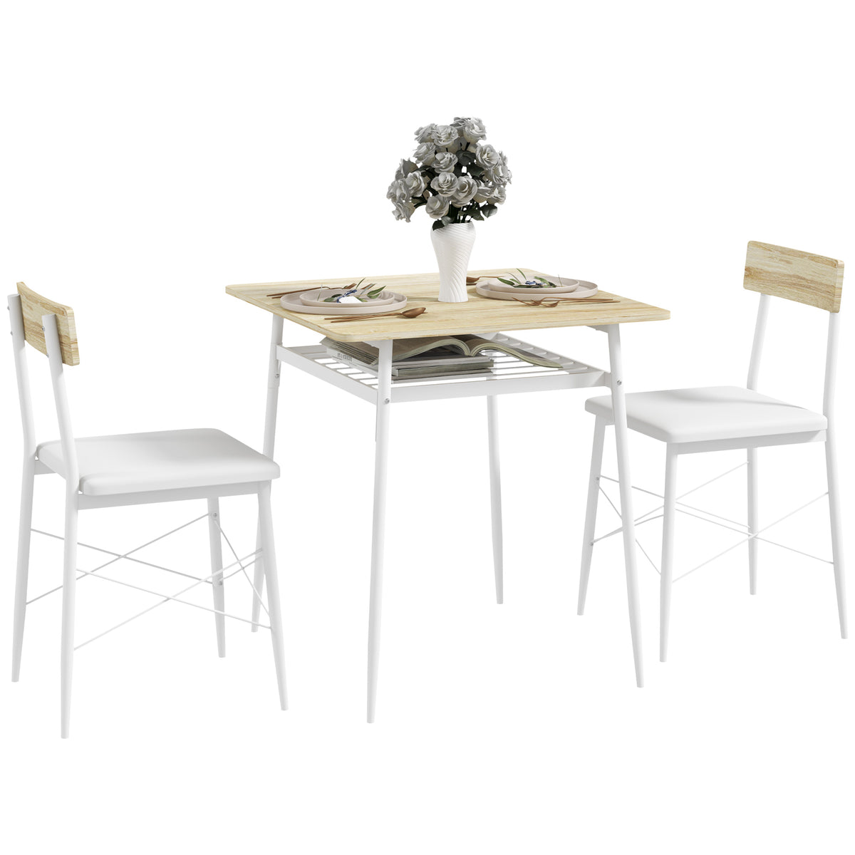 Conjunto de Refeição de 3 Peças Conjunto 1 Mesa de Cozinha 70x70x75 cm e 2 Cadeiras 40x50x80 cm com Prateleira de Armazenamento e Estrutura de Aço Branco e Madeira — foto 1