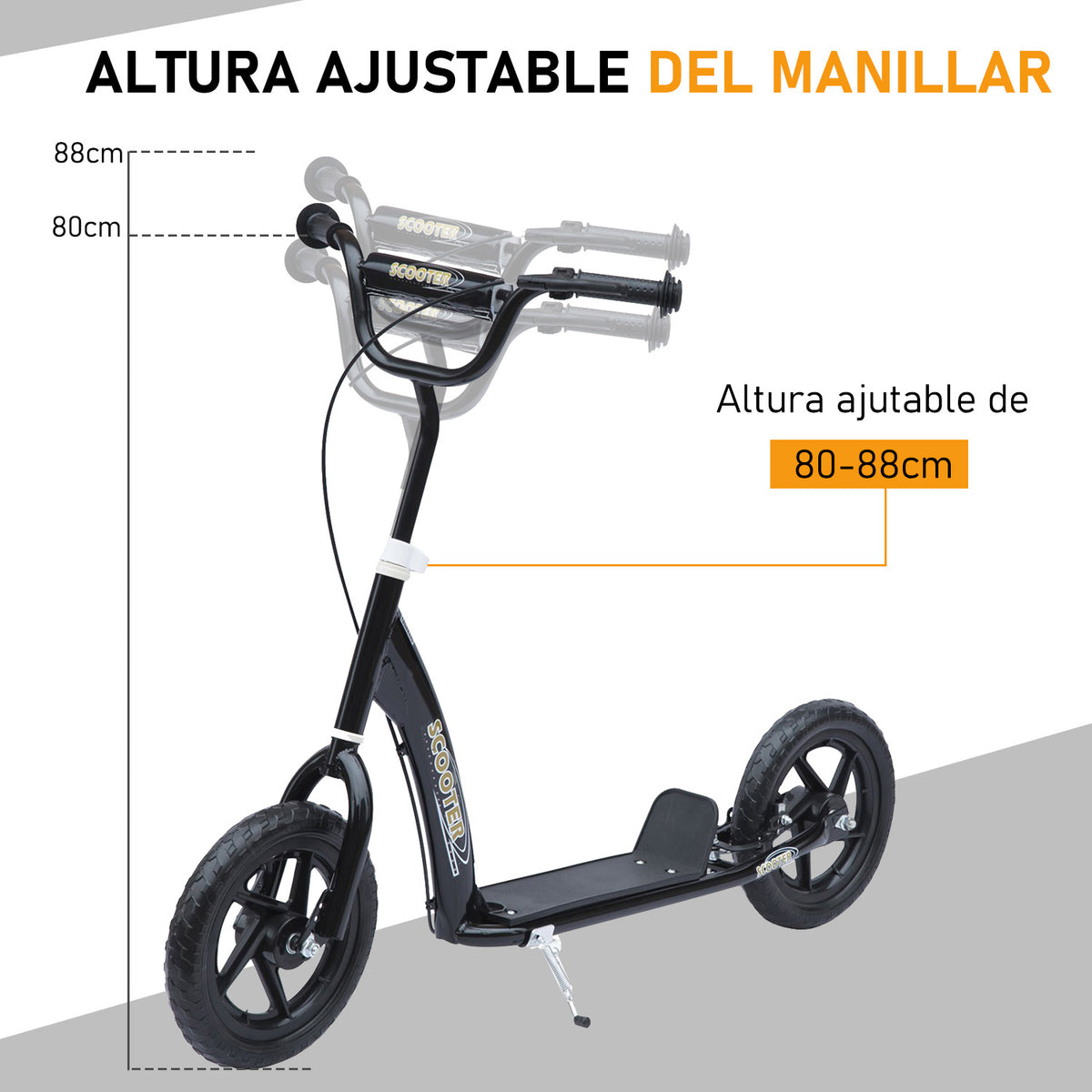 Trotinete com 2 Rodas de 12 Polegadas Trotinete para Crianças com Guiador Ajustável Freio e Cavalete Carga Máxima 100kg 120x52x80-88cm Preto — foto 6
