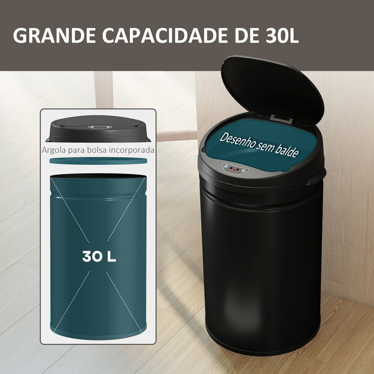 Balde de Lixo de Cozinha Automático 30 L Caixote de Cozinha em Aço Inoxidável Sensor Infravermelhos Fecho Automático Anti-Impressões Digitais para Quarto Escritório 32x30,5x51 cm Preto — foto 5