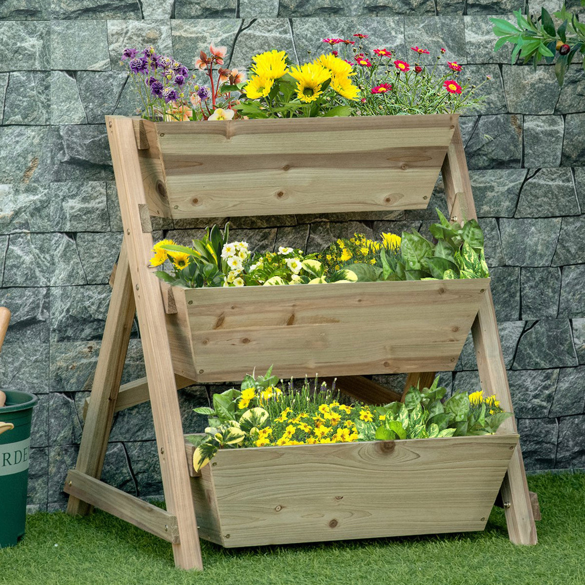 Horta de Escada de 3 Níveis Horta de Madeira com Tecido não tecido e Orifícios de Drenagem Horta para Plantas Flores Ervas 71x61x77cm Madeira Natural — foto 2
