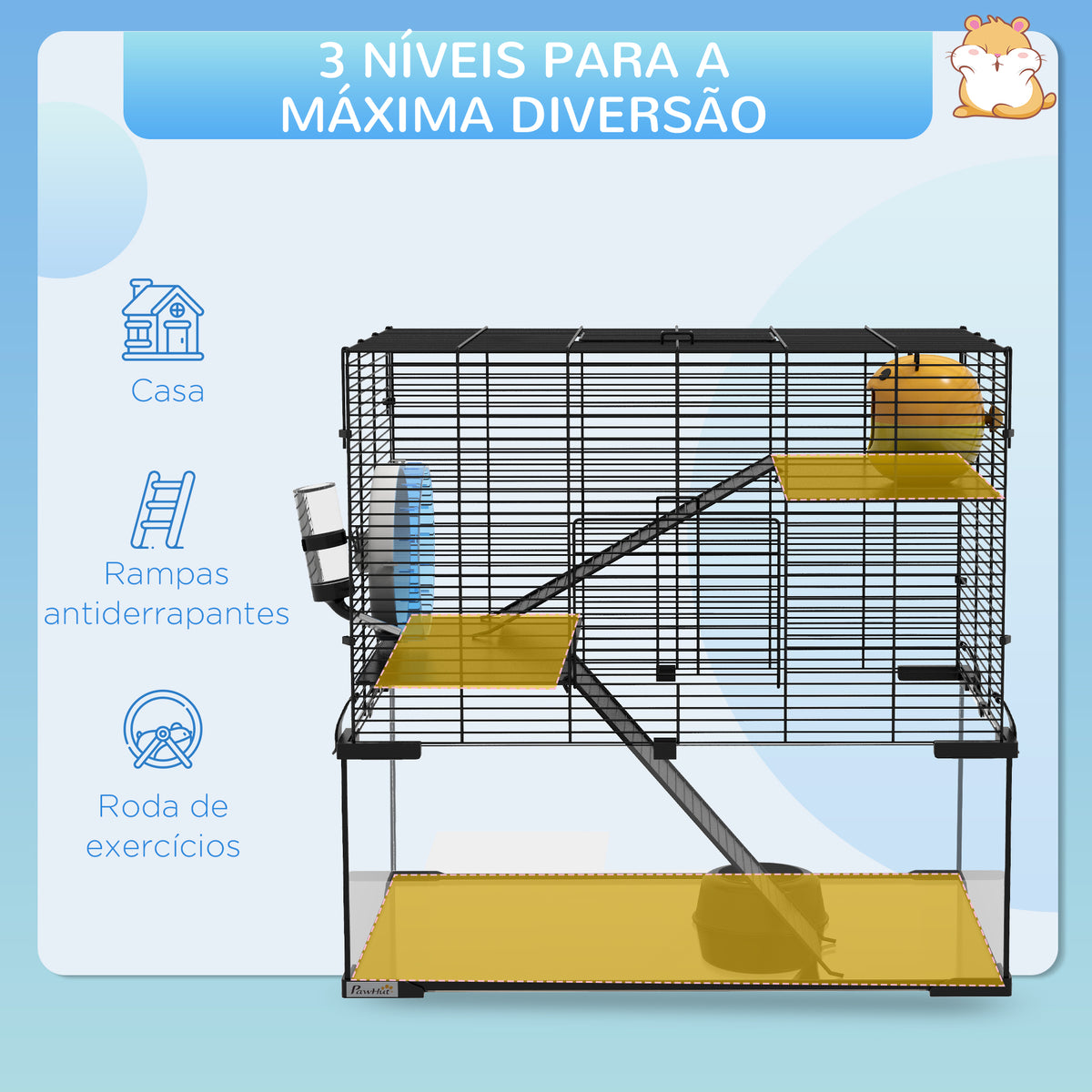 Gaiola para Hamster Gaiola para Roedores Pequenos com Fundo de Vidro Plataformas Comedouro Bebedouro Casa Rampas e Roda de Exercício 60x40x54,5 cm Preto — foto 4