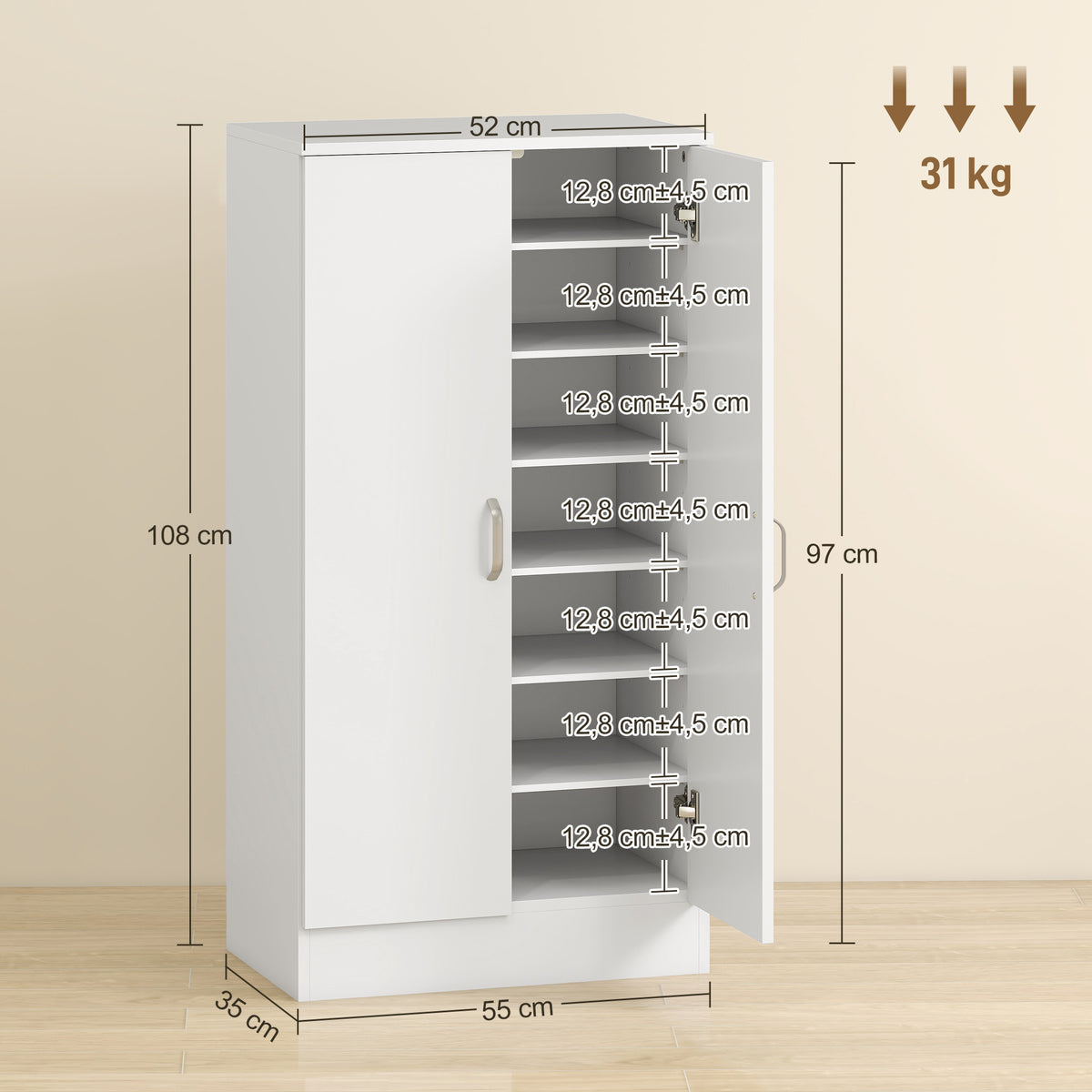Sapateira de 2 Portas Sapateira para Entrada com 6 Prateleiras Ajustáveis para 14 Pares de Sapatos 55x35x108 cm Branco — foto 3