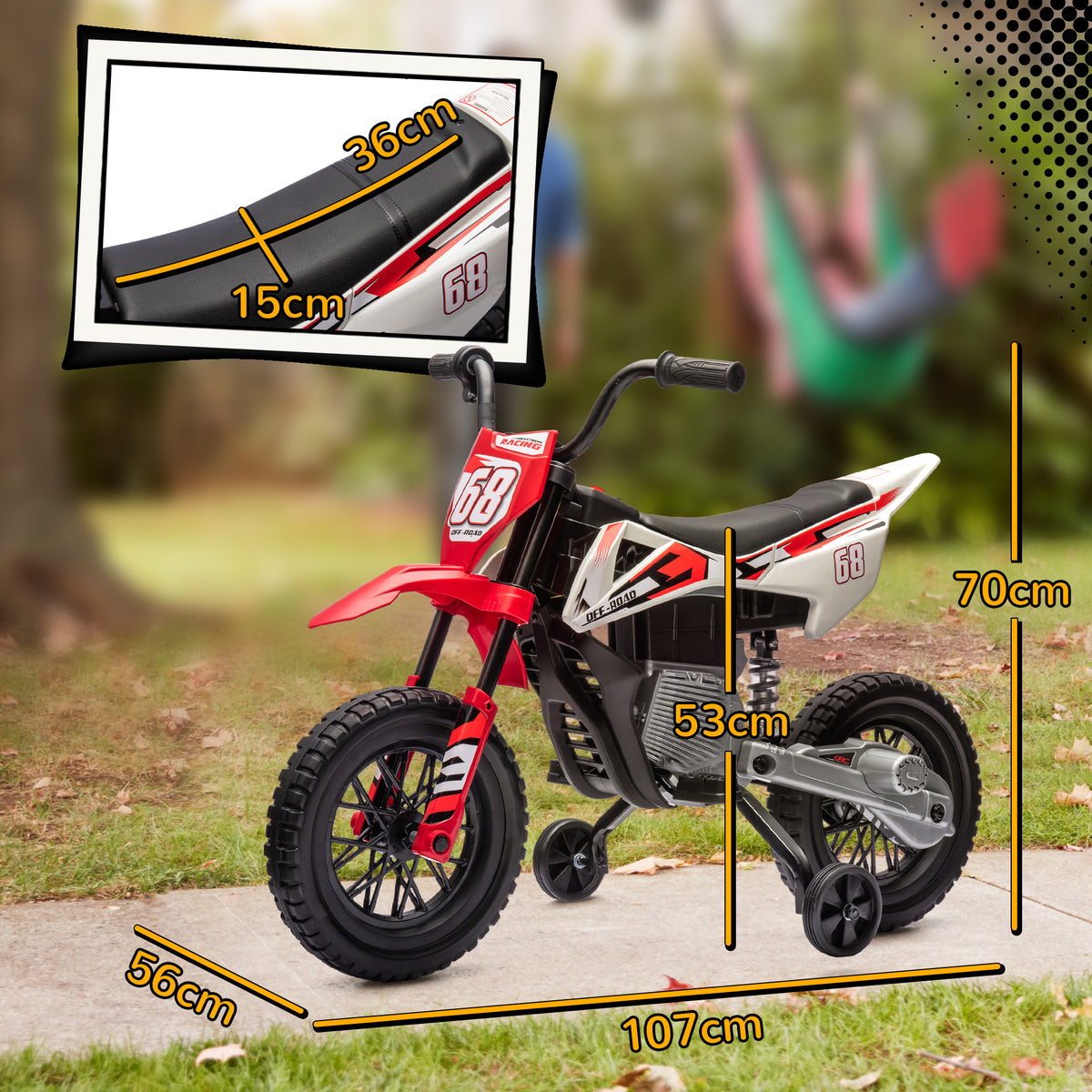 Mota Elétrica para Crianças de +3 Anos Mota Elétrica Infantil com Bateria 12V Música Velocidade 2,4-5 km/h e Rodas Auxiliares Removíveis Carga 30 kg 107x56x70 cm Vermelho — foto 3