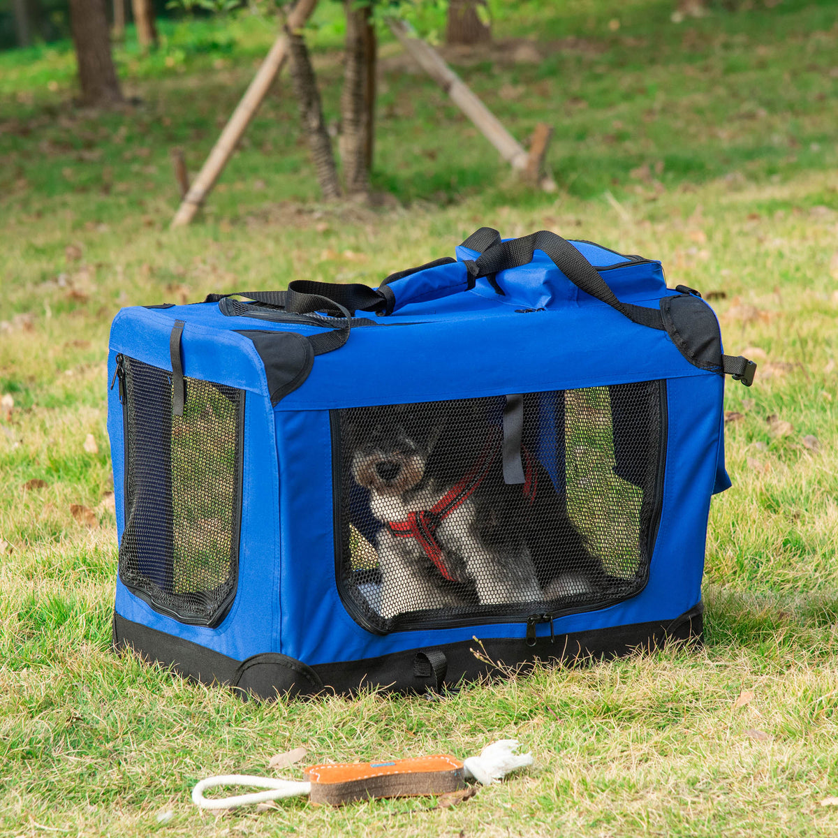 Transportadora para Cães e Gatos Bolsa de Transporte Respirável para Animais de Estimação Dobrável com Almofada Janela de Malha e 2 Bolsos 60x42x42 cm Azul — foto 2