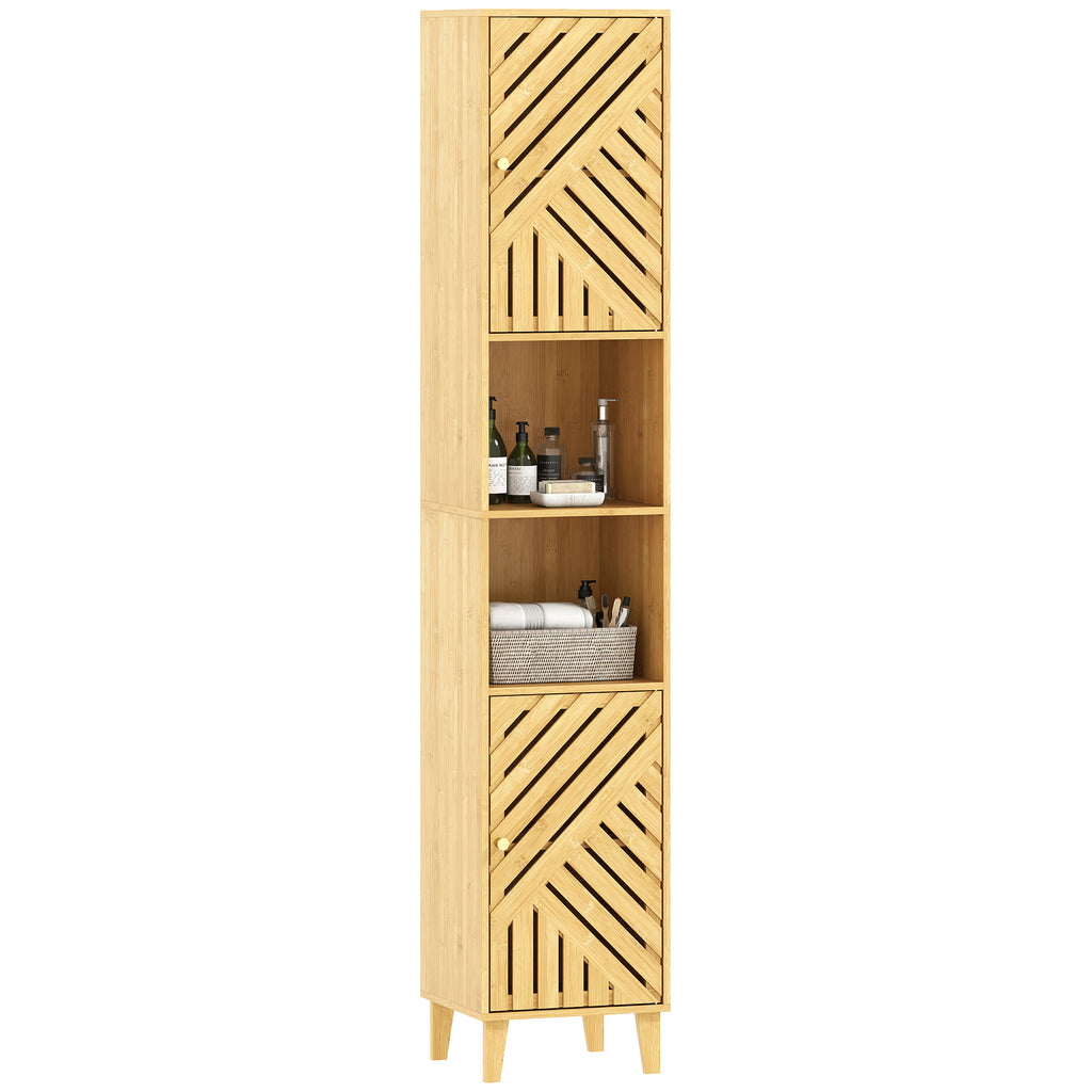 Coluna de Casa de Banho Estreita Armário de Casa de Banho Alto com Portas e Pés de Bambu Prateleiras Ajustáveis Compartimento Aberto 32x30x170 cm Madeira — foto 1