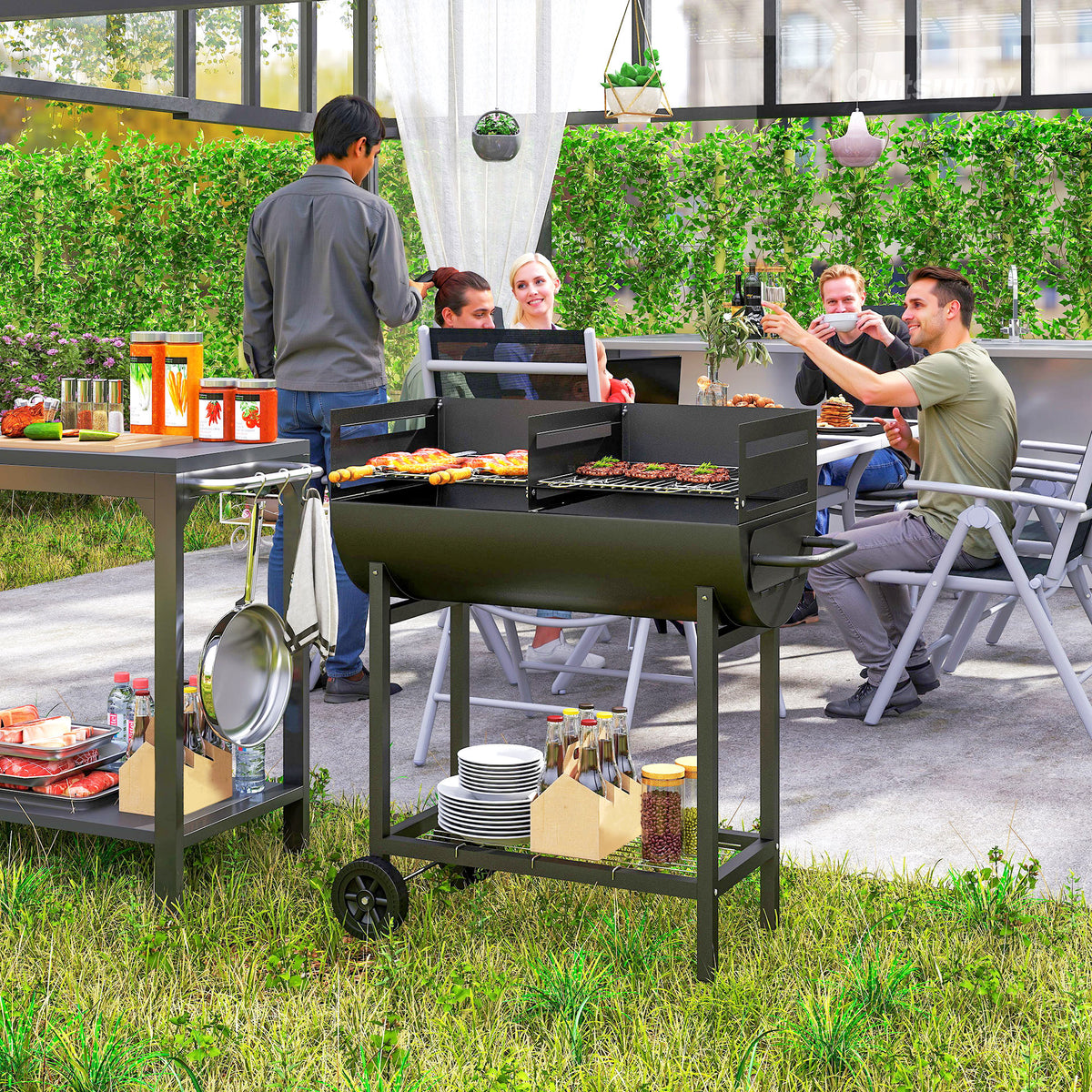 Barbecue a Carvão com Grelha Ajustável em Altura para Exterior Barbecue Portátil com Prateleira de Armazenamento e Rodas 90x45x96 cm Preto — foto 2