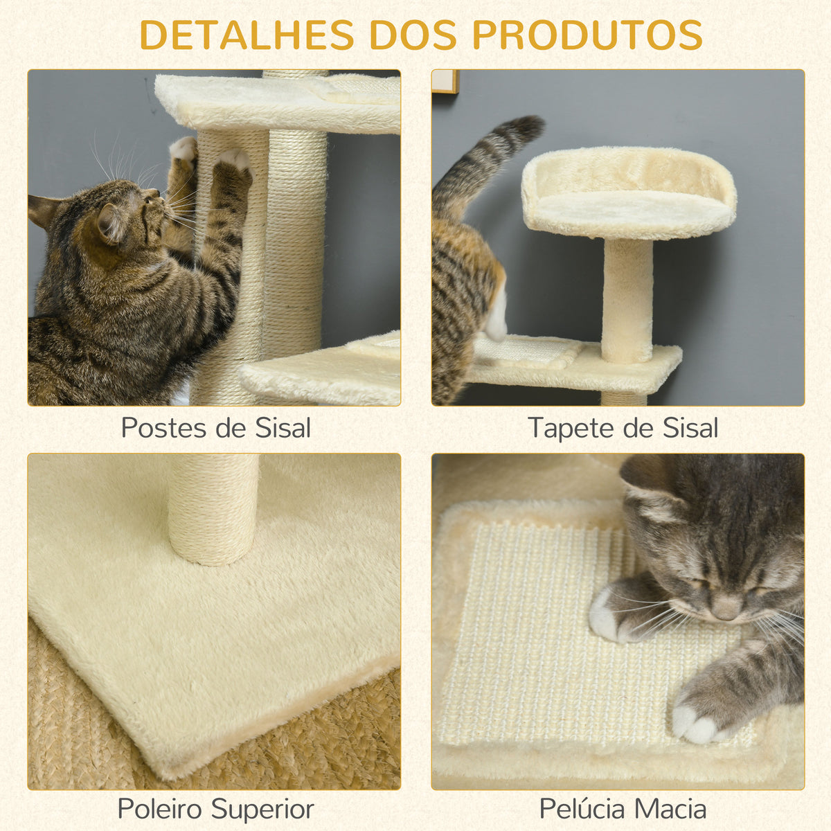 Árvore para gato Poste para arranhar com cama de plataforma e cobertor de sisal de veludo bege - 50x50x100cm — foto 6
