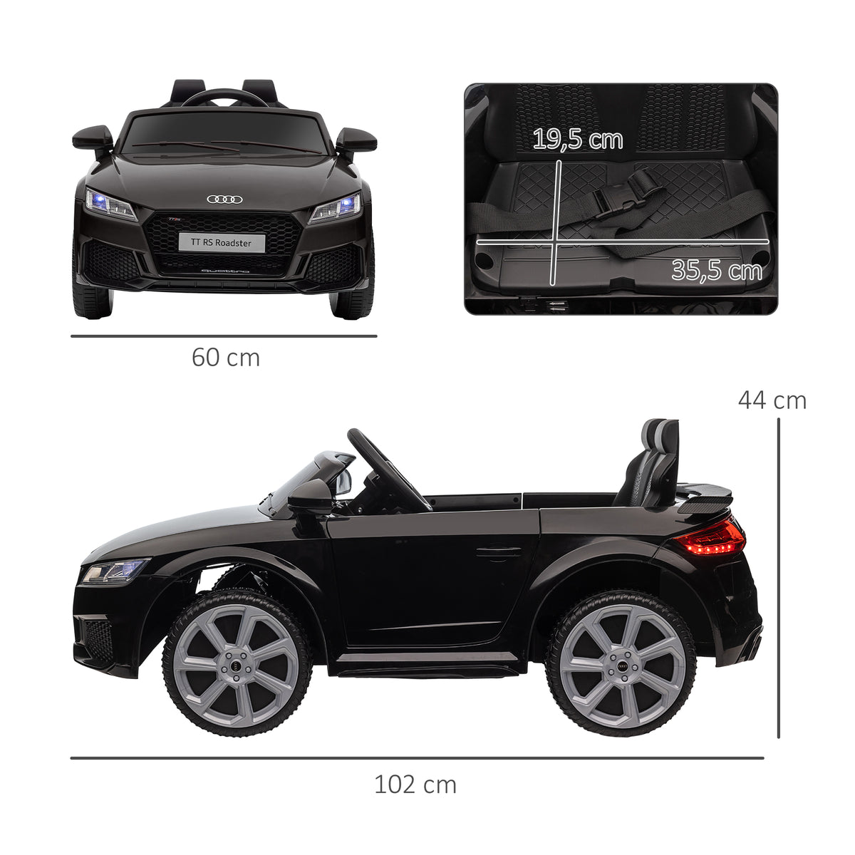 Carro Elétrico Audi TT para Crianças acima de 3 Anos com Controlo Remoto Música e Luzes Bateria 12V Abertura da Porta 102x60x44 cm Preto — foto 3