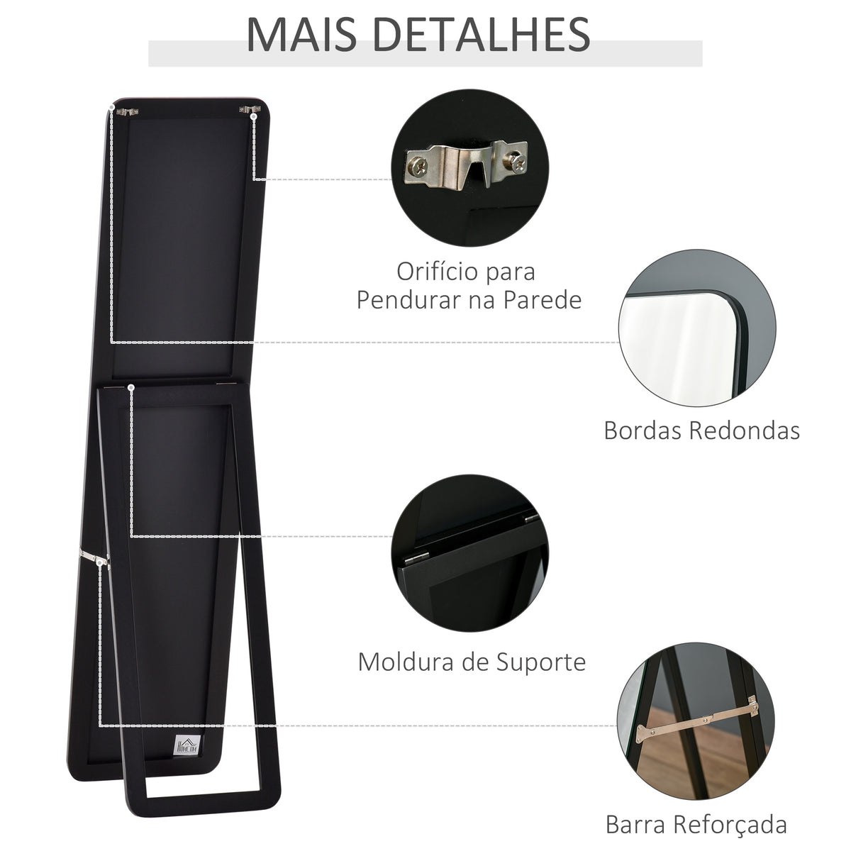 Espelho de Pé Espelho de Corpo Inteiro Retangular Espelho de Parede com 2 Formas de Uso Estrutura de Madeira de Pinho para Dormitórios Sala de Estar Corredor 37x43x156 cm Preto — foto 6