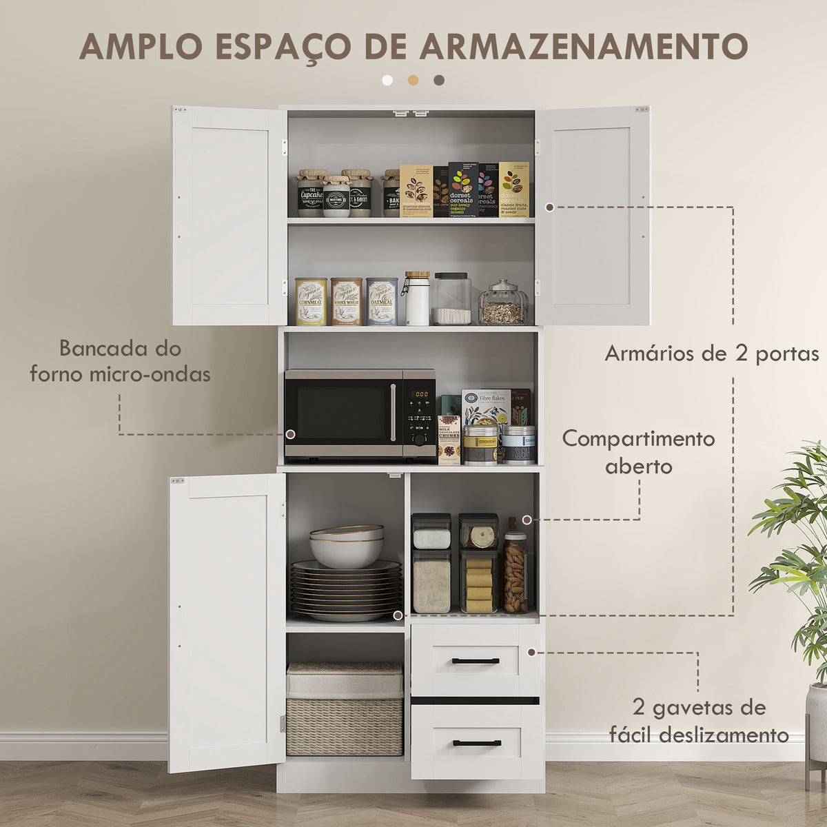 Armário de Cozinha Rústico Armário Alto de Cozinha com Portas Compartimentos Abertos Gavetas e Prateleiras Ajustáveis Anti-Tombo para Sala de Jantar 70x40x180 cm Branco — foto 5