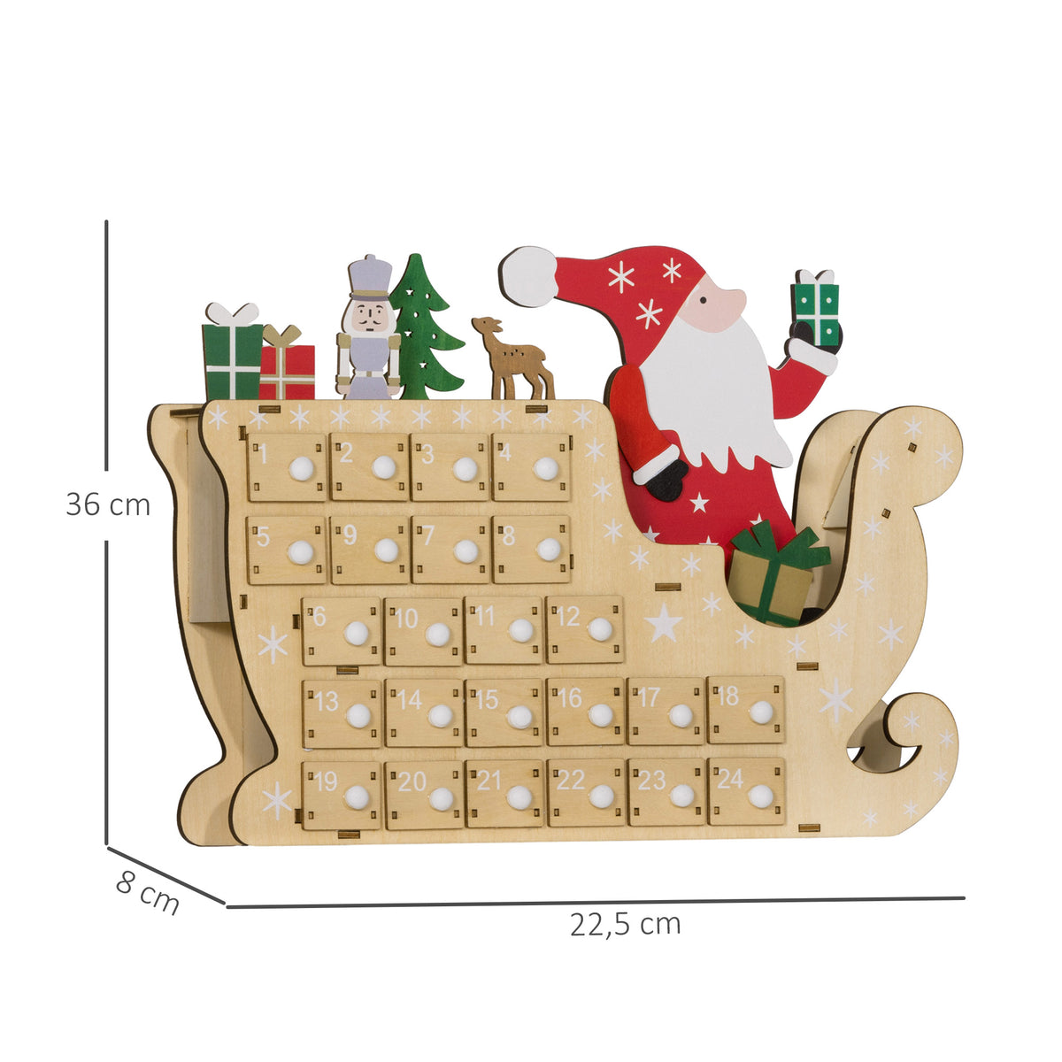 Calendário do Advento de Madeira com 24 Gavetas Calendário do Advento de Natal Decorado com Pai Natal no Trenó Decoração de Natal 22,5x8x36 cm Madeira e Vermelho — foto 3