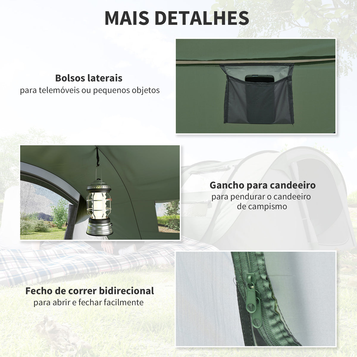 Tenda de Campismo Pop-up para 2-3 Pessoas Tenda de Campismo Instantânea com Janelas Bolsos e Bolsa de Transporte Impermeável Anti-UV 263,5x220x123 cm Verde e Cinzento — foto 5