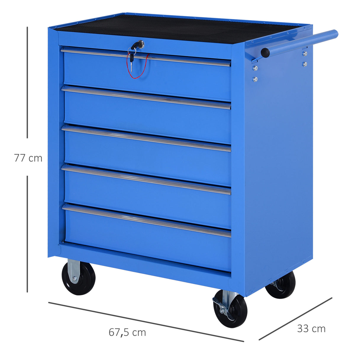 Carrinho de Ferramentas para Oficina com Rodas e 5 Gavetas Fechadura e Alça Lateral 67,5x33x77 cm Azul — foto 3