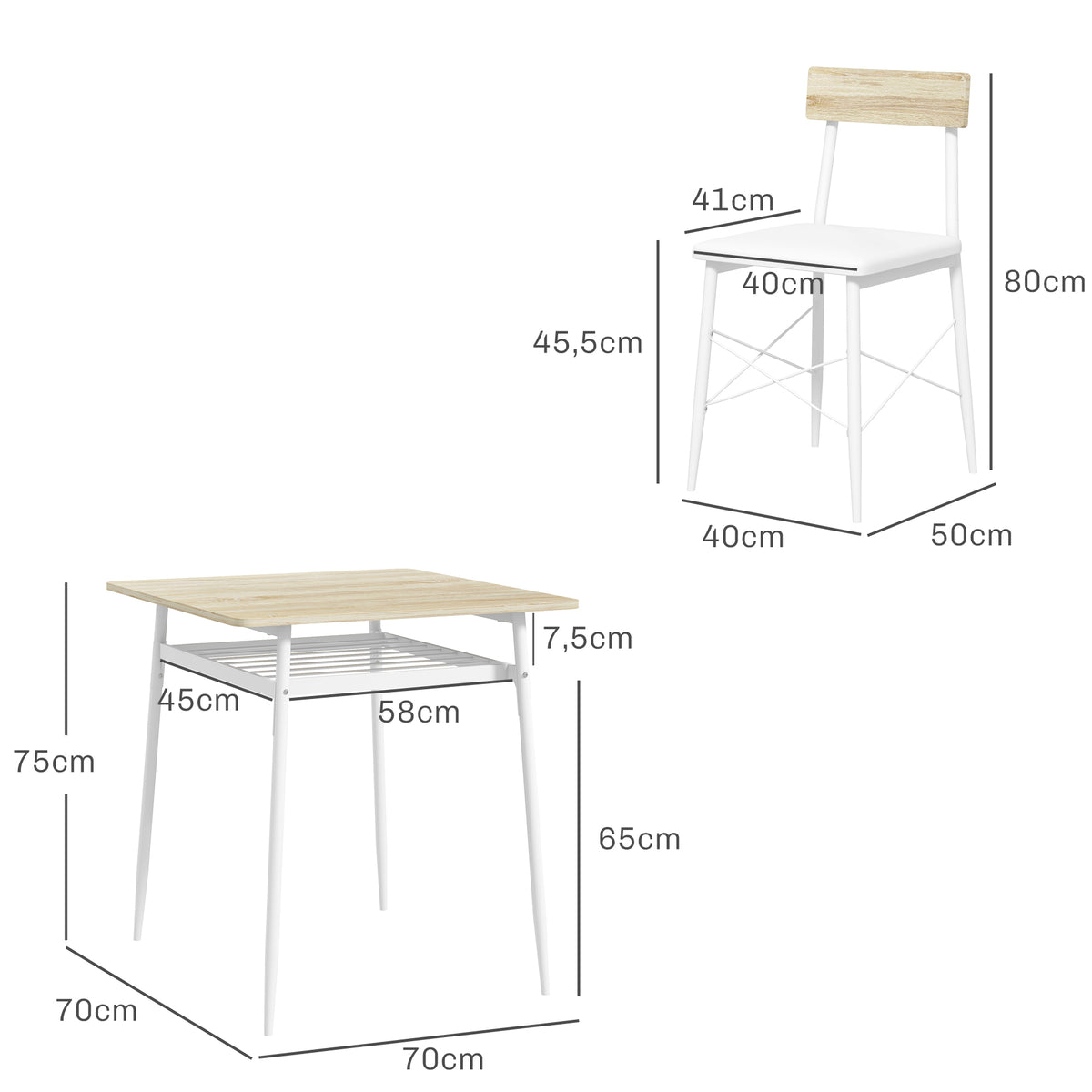 Conjunto de Refeição de 3 Peças Conjunto 1 Mesa de Cozinha 70x70x75 cm e 2 Cadeiras 40x50x80 cm com Prateleira de Armazenamento e Estrutura de Aço Branco e Madeira — foto 3