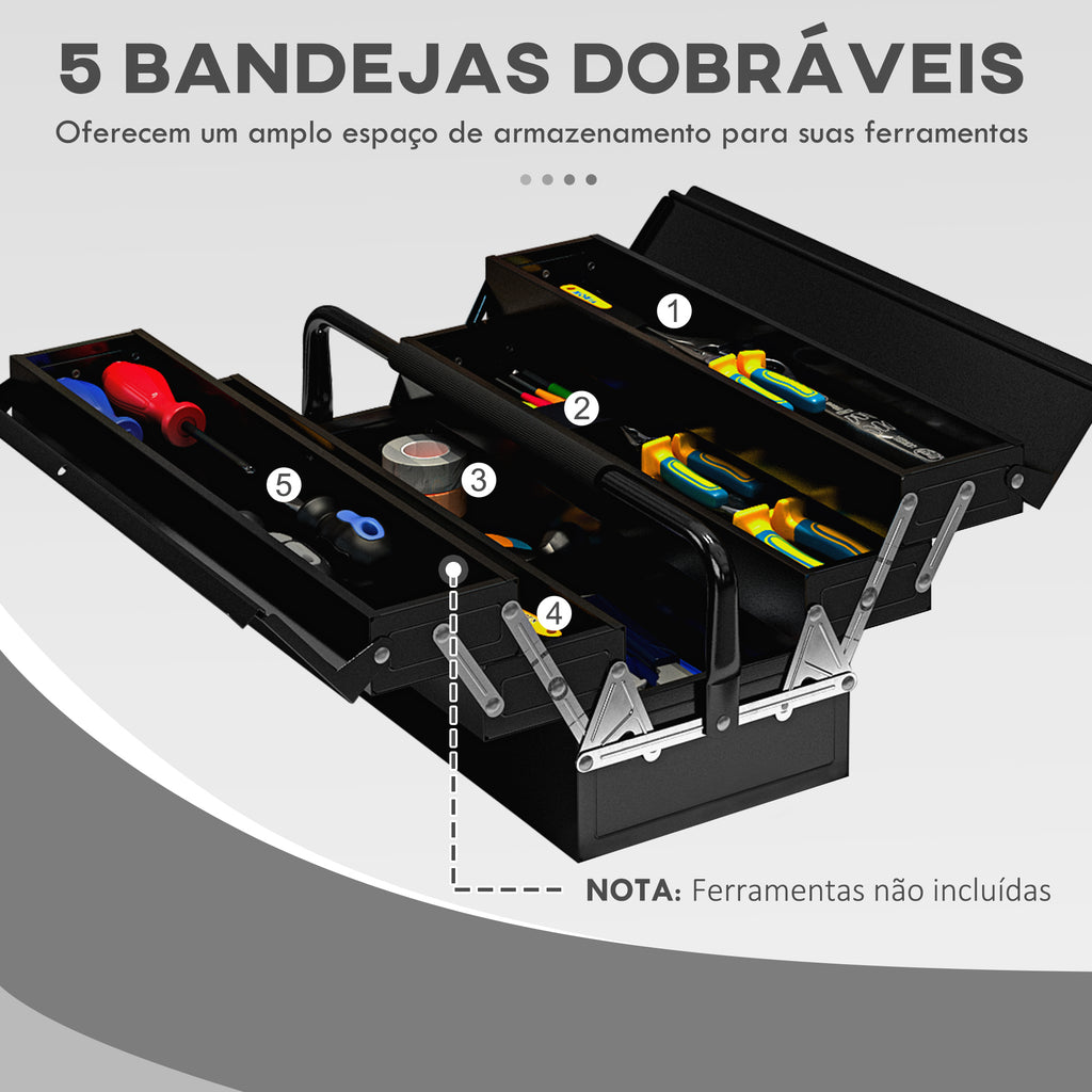 Caixa de Ferramentas de Aço Dobrável com 5 Compartimentos Mala de Ferramentas com Pega para Oficina e Casa 45x20x34,5 cm Preto — foto 4