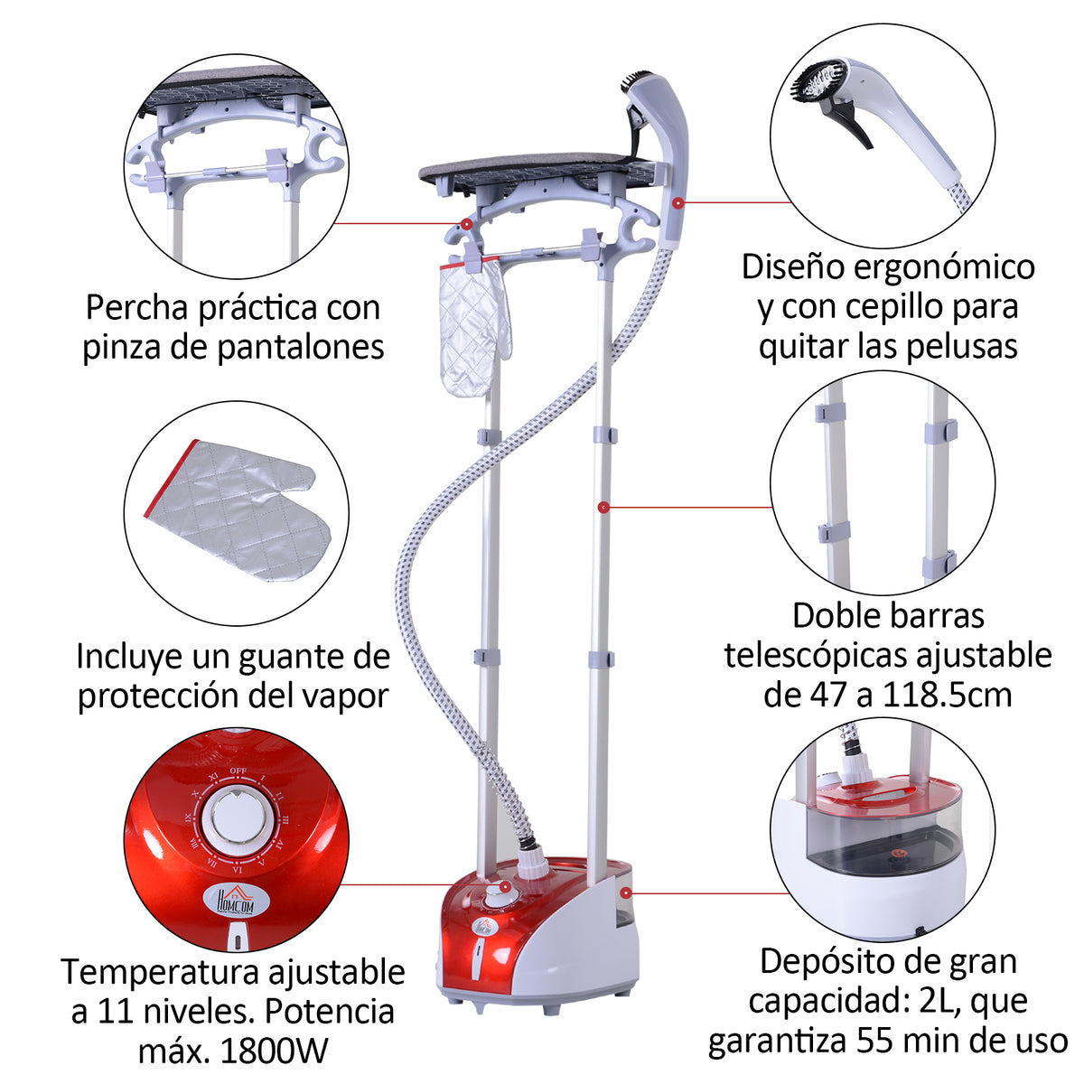 Ferro de Engomar a Vapor para Roupa 1800W Temperatura Ajustável em 11 Níveis Ferro de Engomar Vertical com Barra Dupla Depósito de 2 L Aquecimento em 38s 35x25x47-118,5 cm Vermelho — foto 5