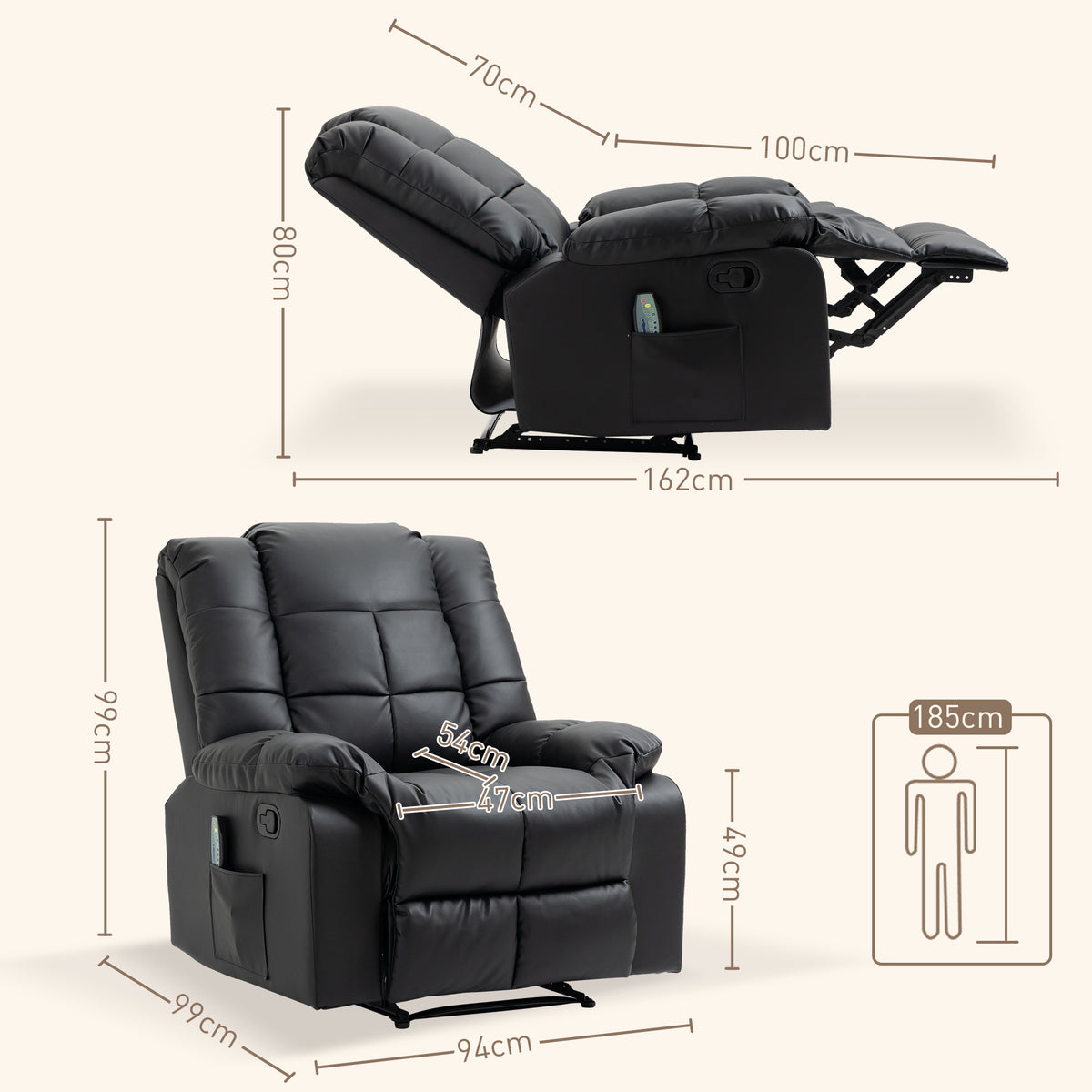 Poltrona de Massagem Poltrona Relax Reclinável com 8 Pontos de Massagem Controlo Remoto Estofada em PU Apoio para Pés Bolso Lateral Poltrona para Sala de Estar Quarto 94x99x99 cm Preto — foto 3