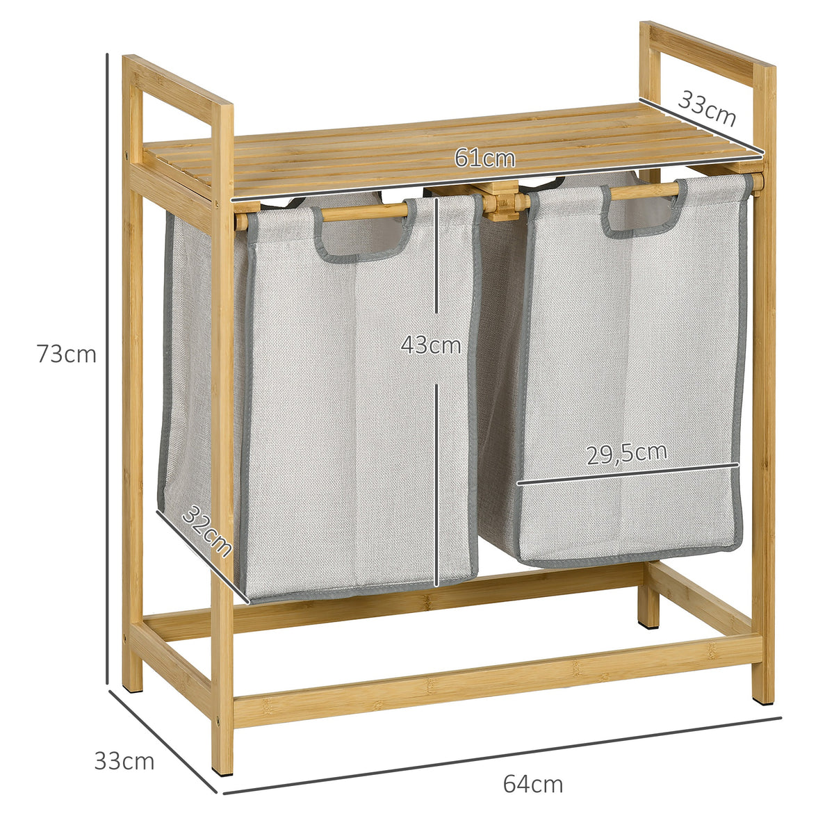 Cesto de Roupa de Bambu Cesto de Roupa Suja com 2 Bolsas Amovíveis e 2 Prateleiras Carga 20 kg 2x40,6L para Casa de Banho Dormitório 64x33x73 cm Madeira — foto 3
