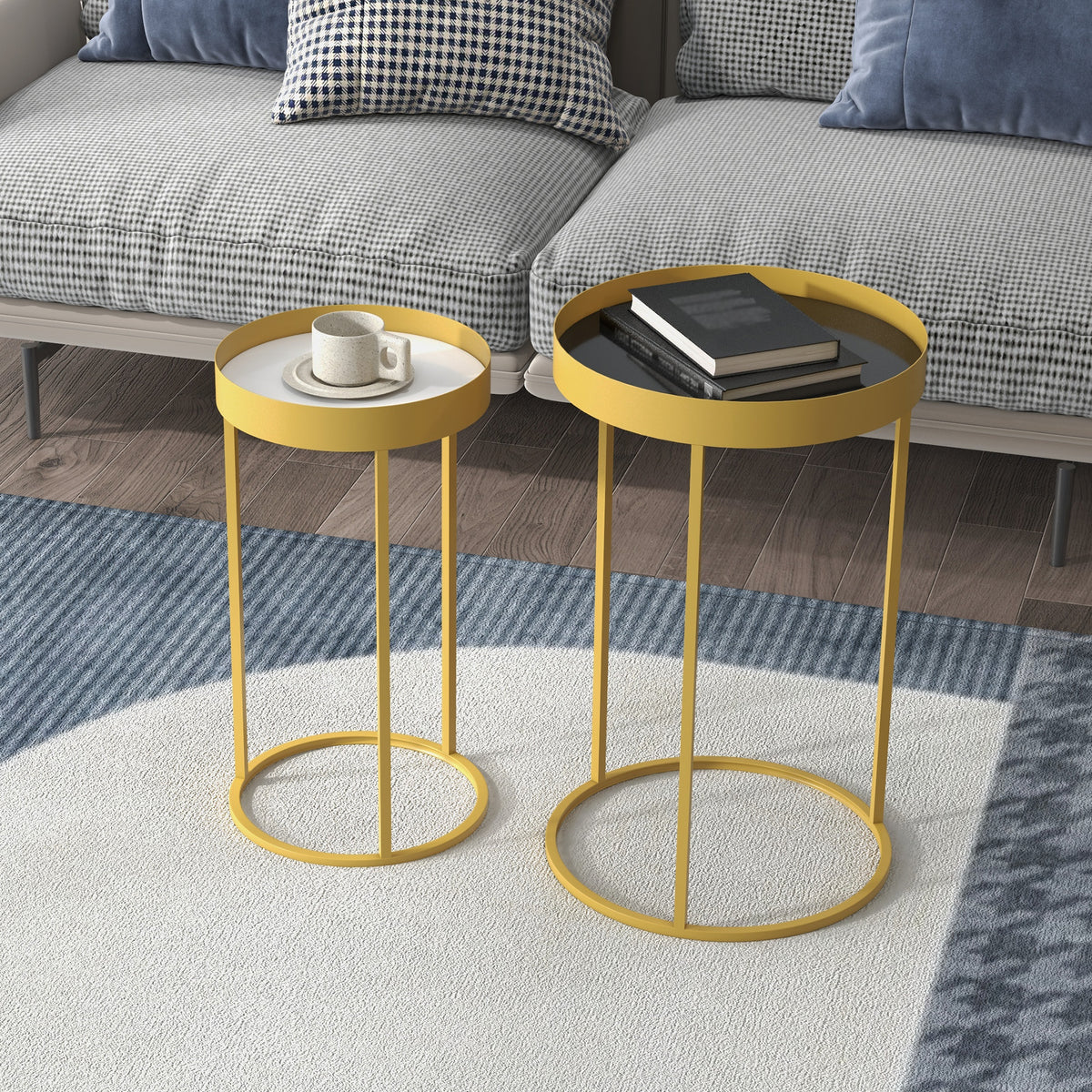 Conjunto de 2 mesas de centro modernas empilháveis ​​Estrutura metálica dourada Ø39x63 cm e Ø30.8x56 cm Parte superior preta e branca — foto 2