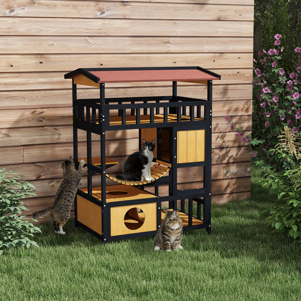 Casa para Gatos de Madeira 84x60x116 cm Abrigo para Gatos de 4 Níveis para Exterior com Ponte Suspensa Varanda e Telhado Asfáltico Natural — foto 2