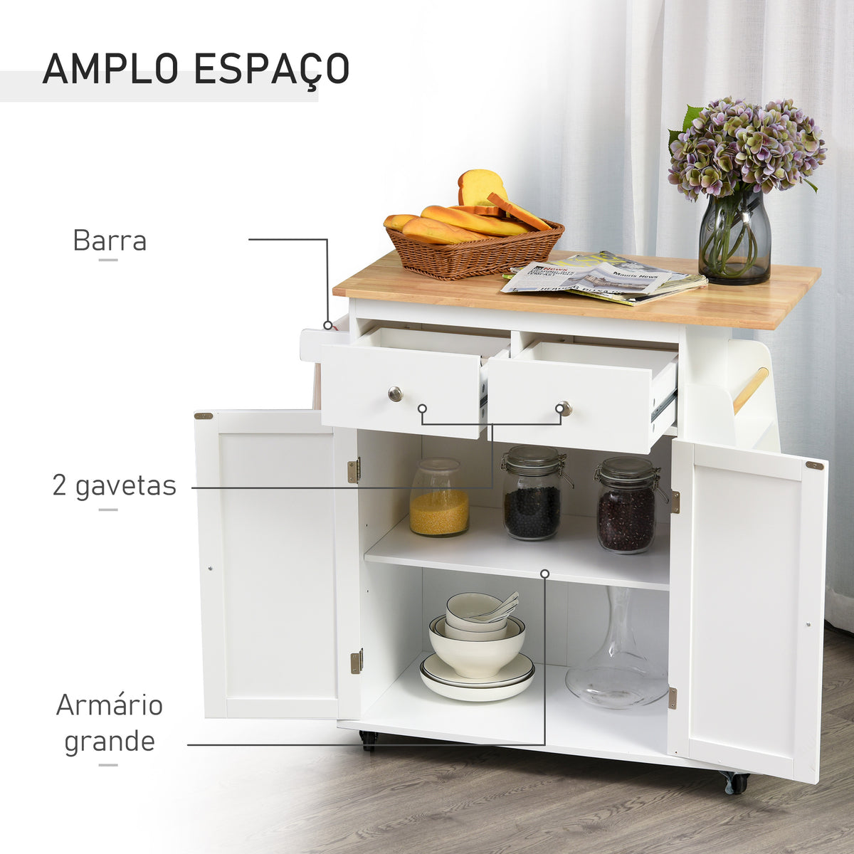 Carrinho de Cozinha Auxiliar com Rodas Carrinho de Cozinha com 2 Gavetas Armário de Armazenamento Prateleira Interior Ajustável 3 Suportes para Temperos e Barra de Pendurar 89x45x89,5cm Branco — foto 4