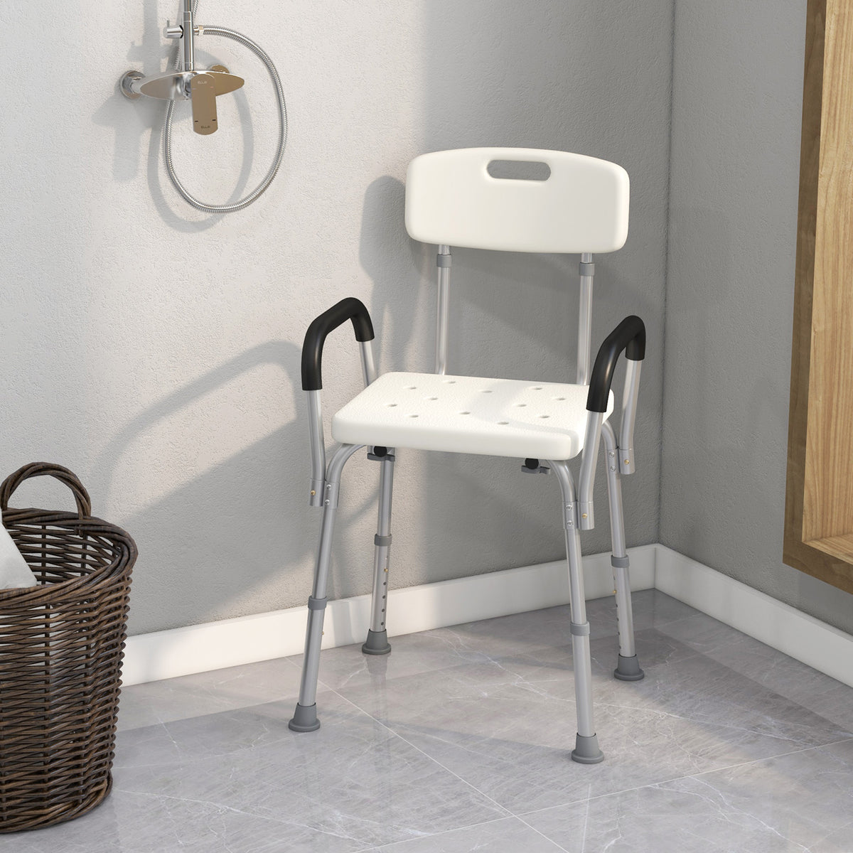 Cadeira para Duche Antiderrapante com Altura Ajustável em 6 Níveis Cadeira de Banho com Apoio para os Braços Amovíveis 47x50x74-87 cm Branco — foto 2