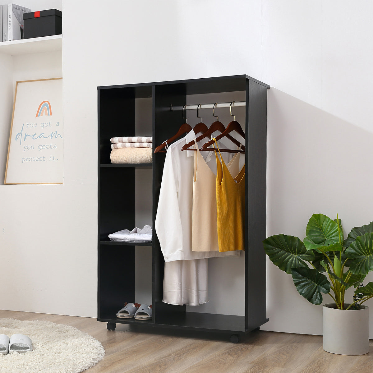 Roupeiro de Madeira Móvel Armário Roupeiro Aberto com Barra para Pendurar e 3 Prateleiras Organizadoras para Dormitório 80x40x128 cm Preto — foto 2
