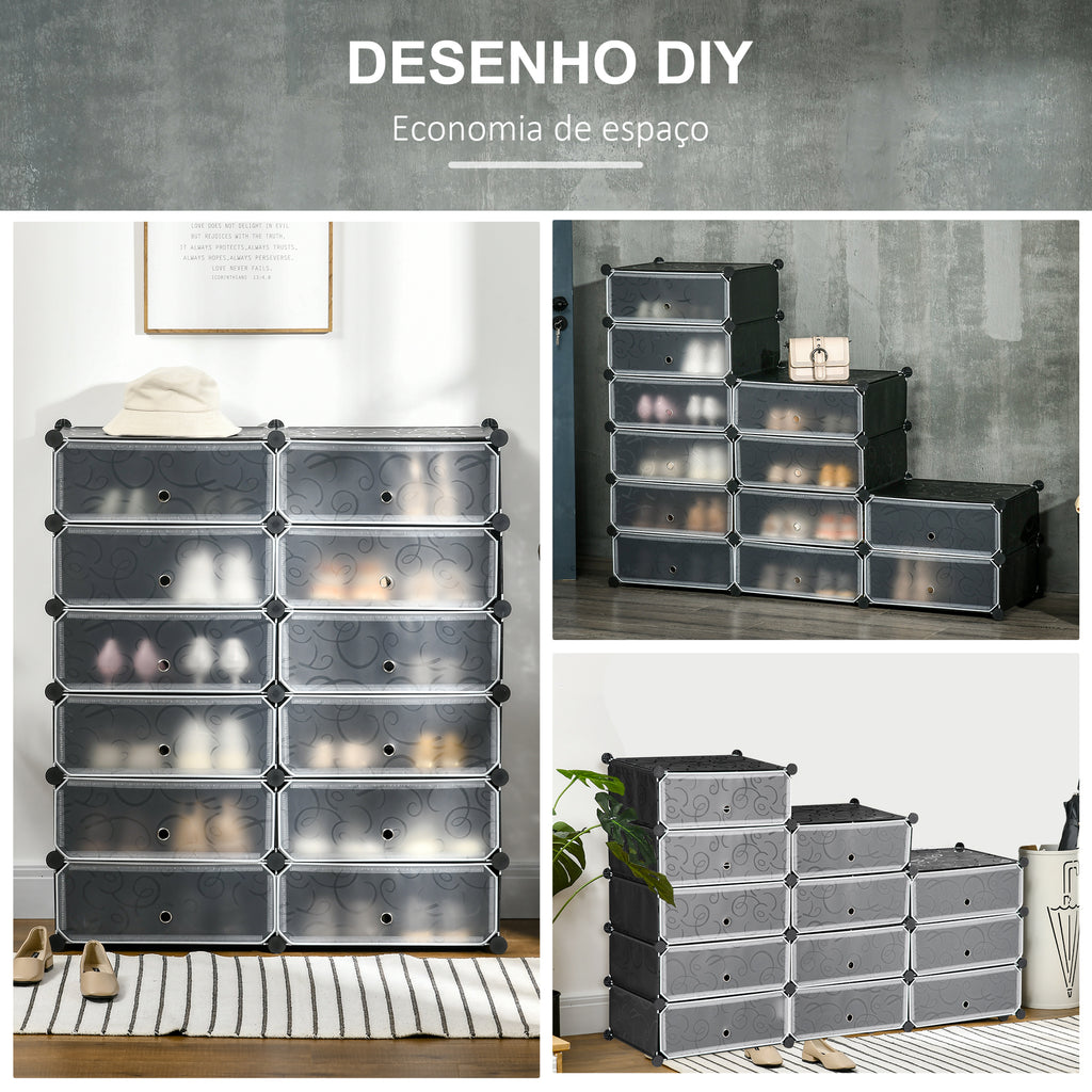 Sapateira Modular de Cubos de Plástico Armário Modular para Sapatos com 12 Cubos com Porta Desenho de DIY para Entrada Dormitório 94x37x108 cm Preto — foto 5