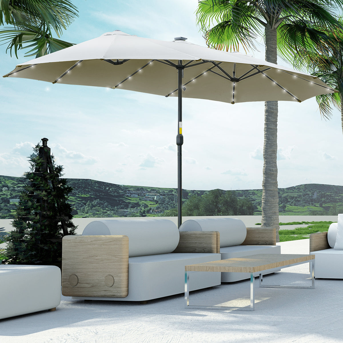 Chapéu de Sol Duplo de Jardim com 48 Luzes LED Solar 450x265x240cm Chapéu de Sol de Exterior com Manivela Proteção Solar para Terraço Balcão Piscina Cinza Claro — foto 2