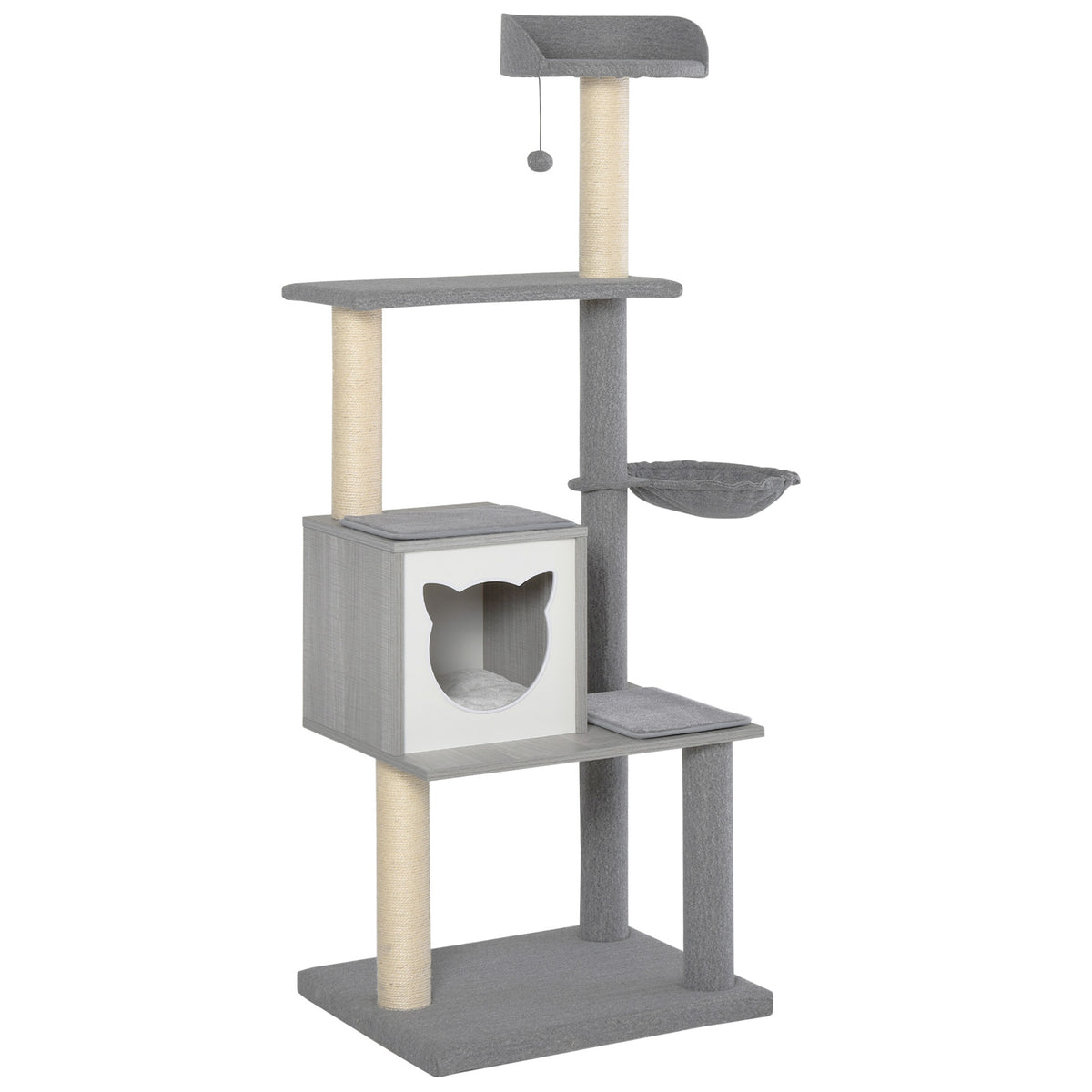 Árvore Arranhador para Gatos Grande 61x49x160,5cm Torre de Escalada de Múltiplos Níveis com Caverna Espaçosa Rede Postes e Brinquedo Suspenso Estofamento Suave Cinza — foto 1