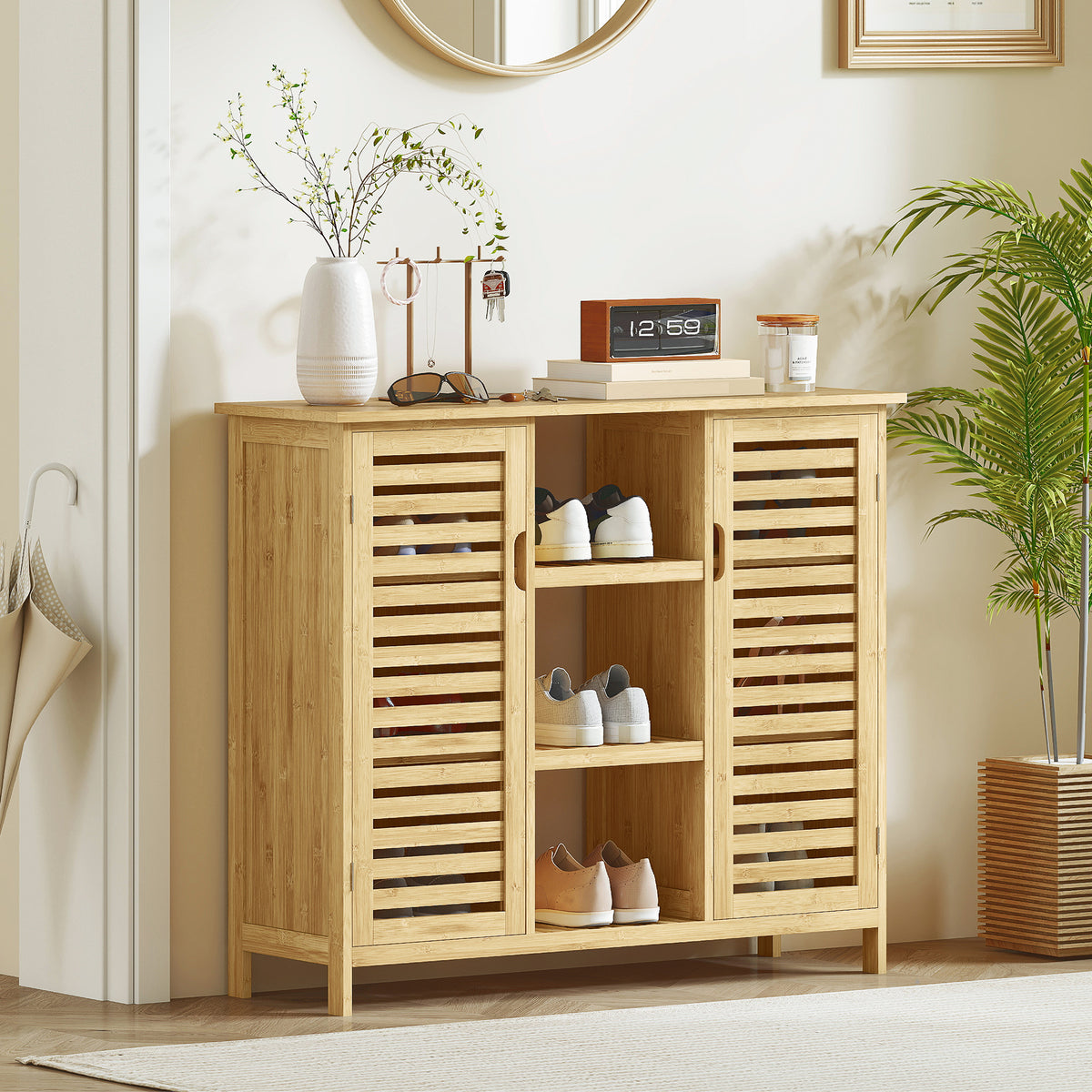 Sapateira com 2 Portas de Bambu em Ripas Sapateira para Entrada com Prateleiras e Compartimentos Abertos para 9 Pares de Sapatos 100x33x86 cm Madeira — foto 2