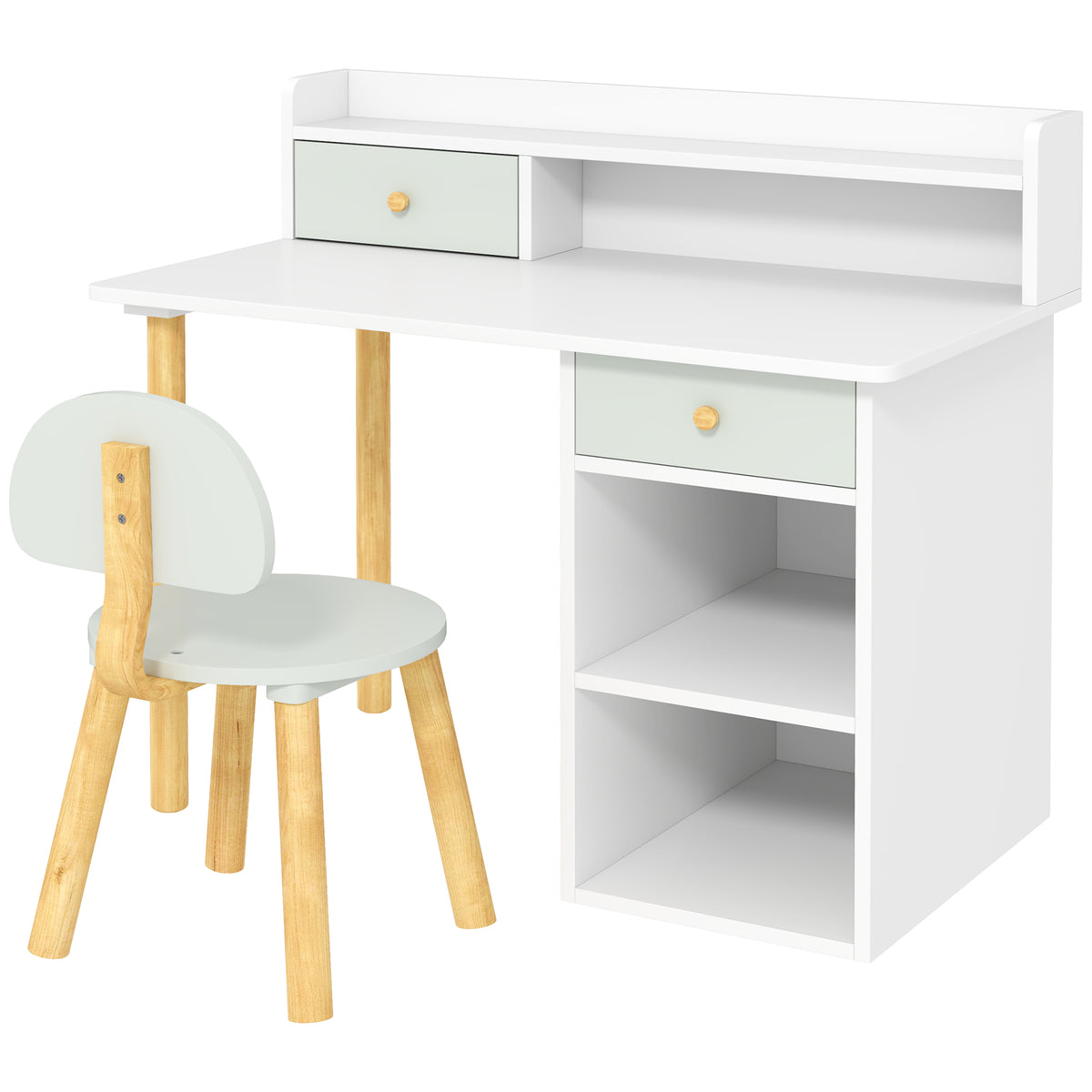 Conjunto de Secretária e Cadeira para Crianças acima de 3 Anos Mesa de Estudo com Prateleiras para Livros e Gaveta de Arrumação Carga 80 kg 85x48x73 cm Verde e Branco — foto 1