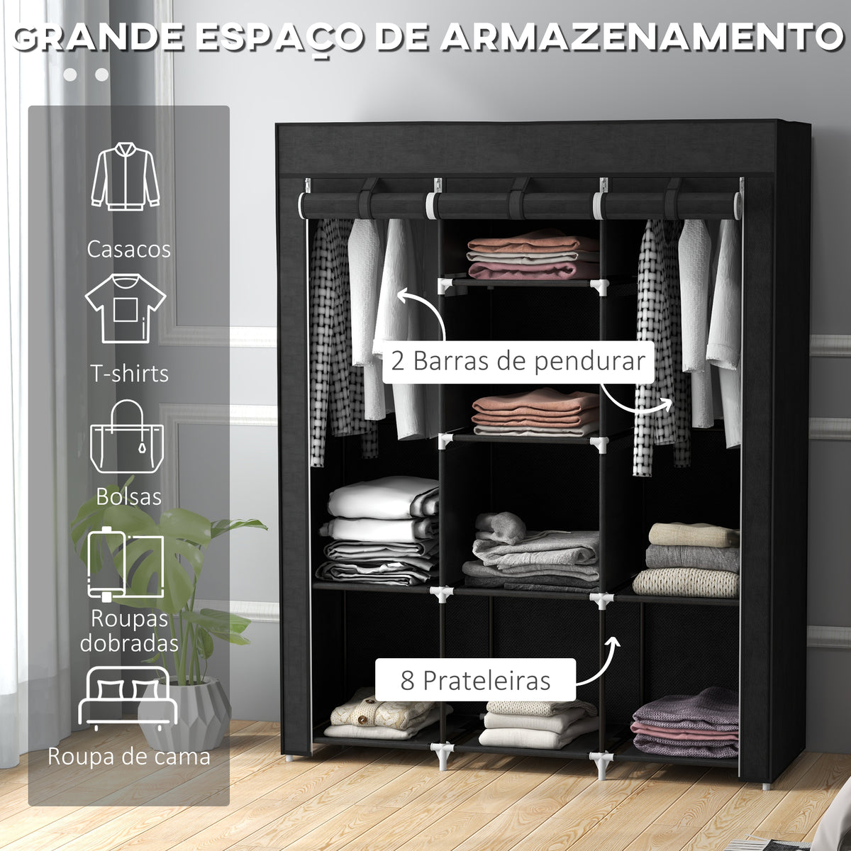 Roupeiro de Tecido Dobrável Armário Portátil com 8 Prateleiras de Armazenamento e 2 Barras de Pendurar Organizador de Roupa para Dormitório Vestidor 125x43x162,5 cm Preto — foto 4