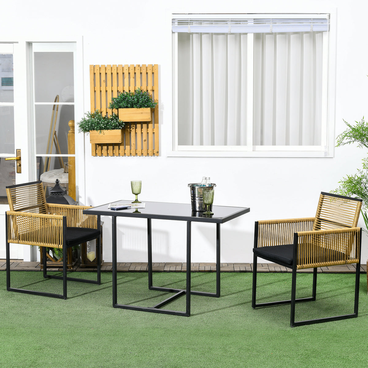 Conjunto de Mesa e Cadeiras de Jardim Conjunto de 3 Peças com 2 Cadeiras com Encosto Dobrável e Almofadas e Mesa de Vidro para Terraço Pátio Natural e Preto — foto 2