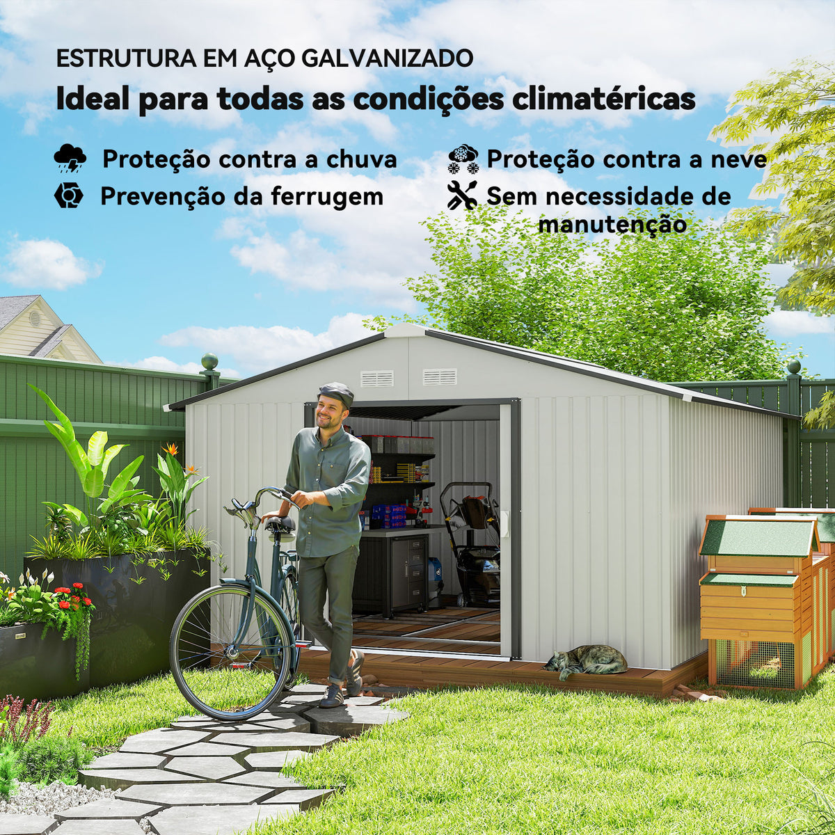 Abrigo de Jardim Exterior Abrigo e Jardim Metálico para Armazenamento de Ferramentas com 4 Janelas 12,4 m² 340x386x200 cm Branco e Cinza Escuro — foto 4
